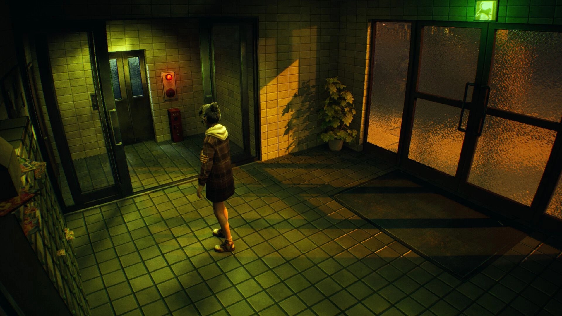 SOMBRAS: Shiomi stands by an elevator call panel in a dim tiled lobby with frosted glass doors.