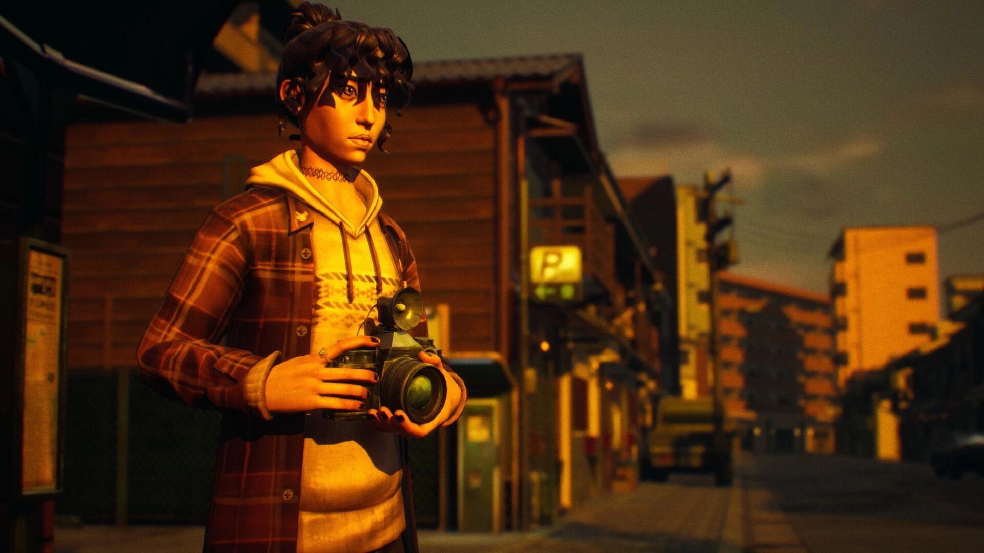 SOMBRAS: Shiomi holds a camera on a quiet street at dusk, buildings and parked cars behind her.