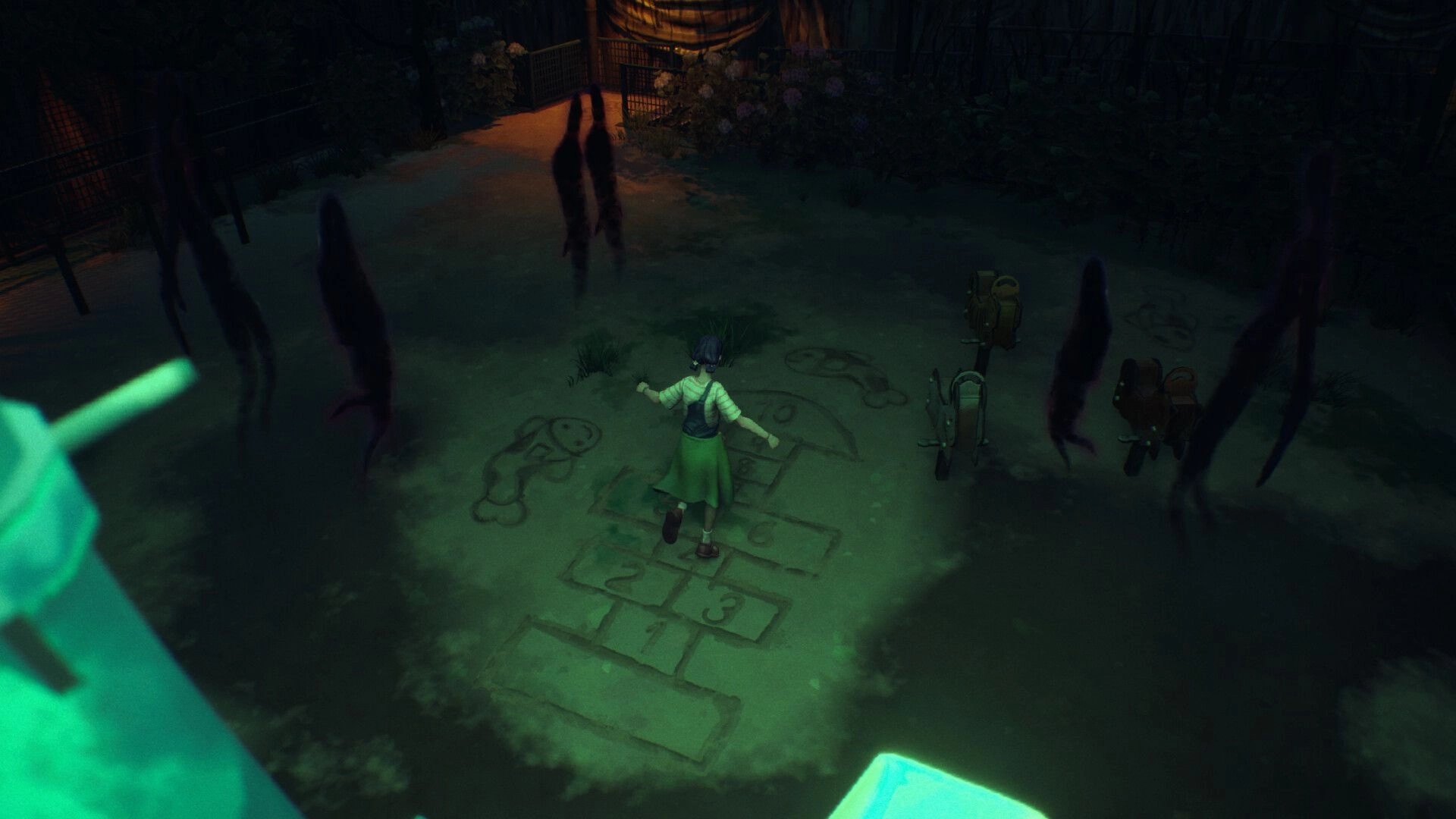 SOMBRAS: Girl runs across chalk hopscotch as shadowy figures surround her in a dim playground at night.