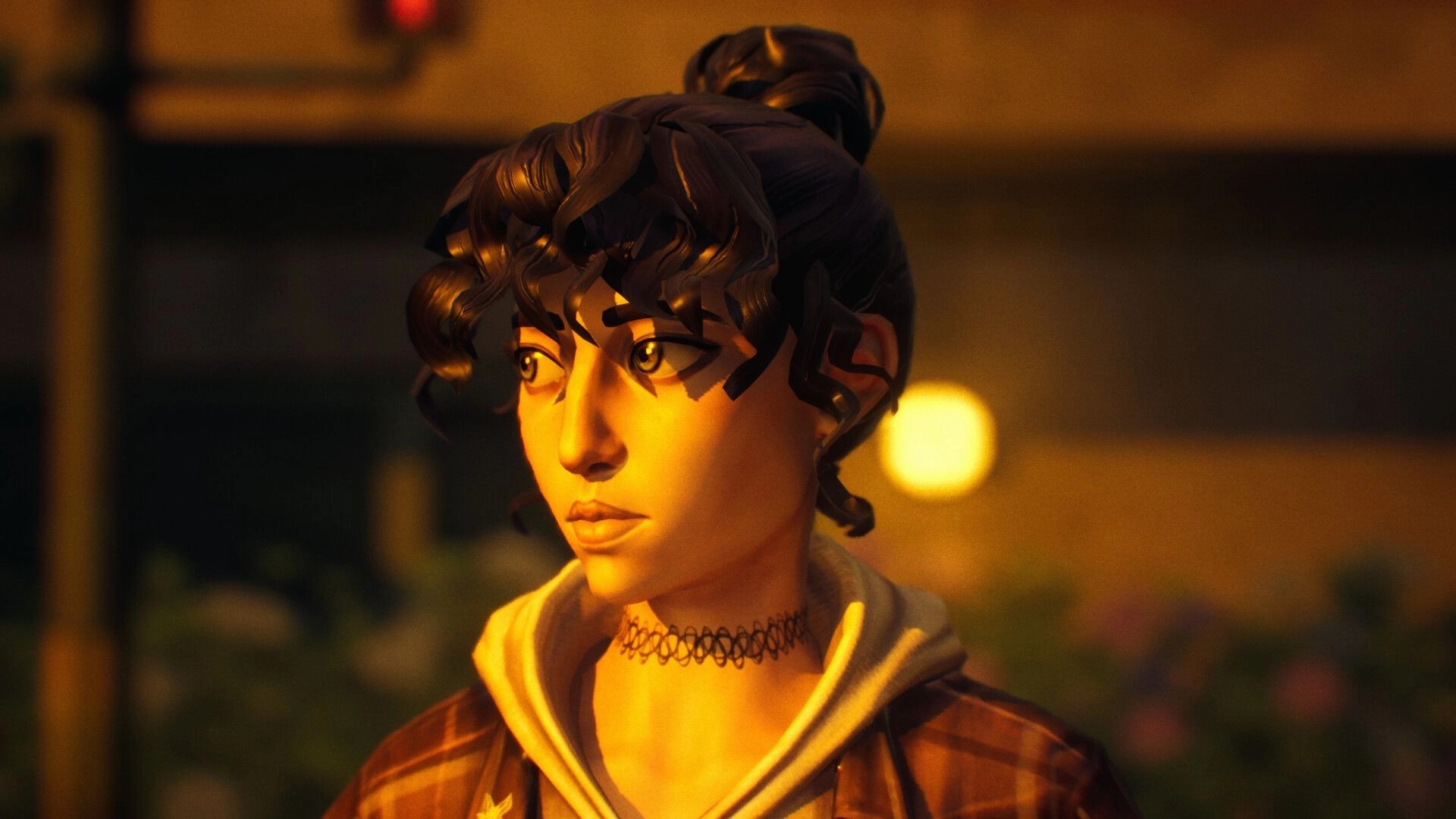 SOMBRAS: Close-up of Shiomi looking tense under warm streetlights on a blurred nighttime sidewalk.