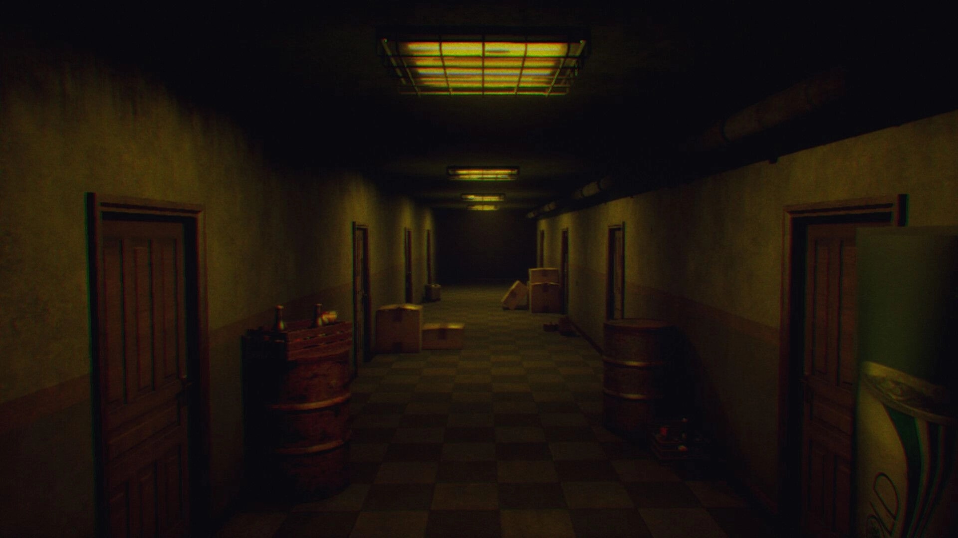 Somnus Corporation: First-person view down dim corridor with doors, boxes, barrels, and flickering lights.