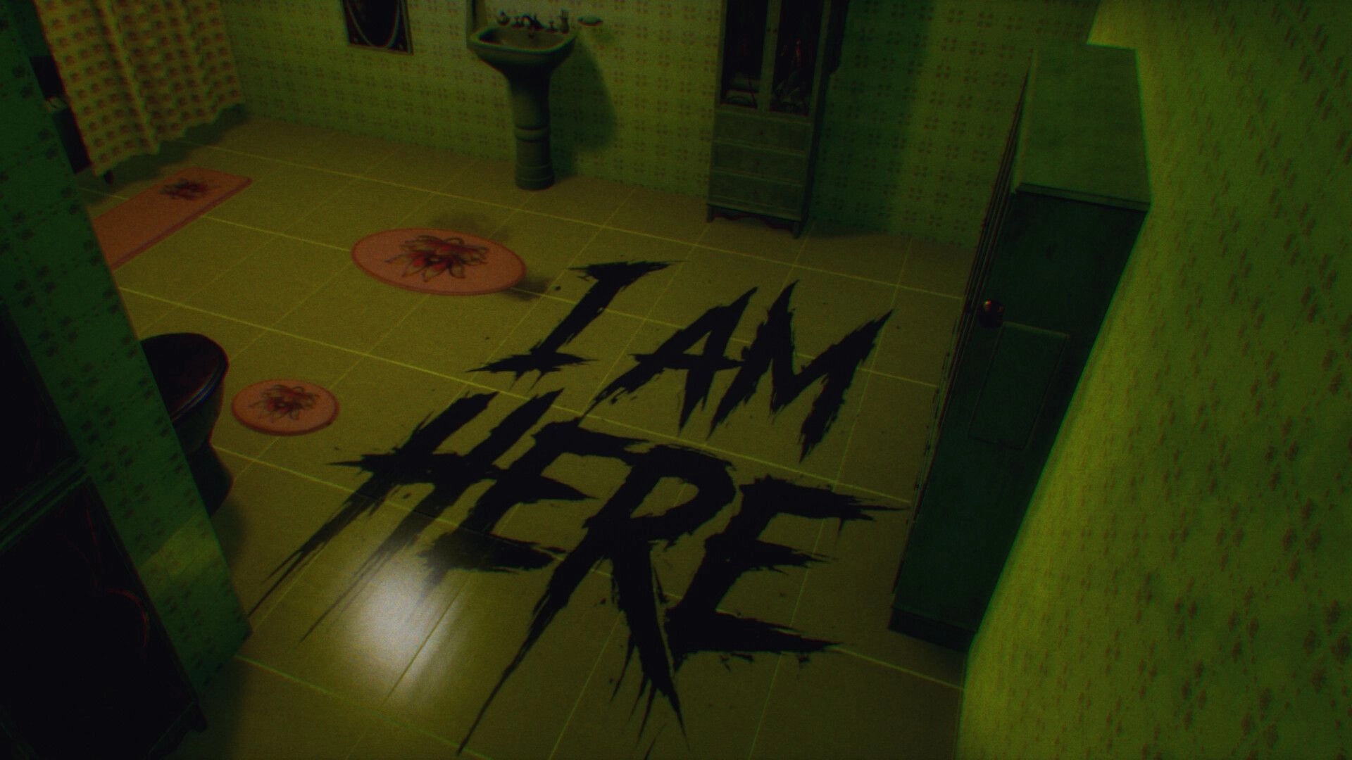 Somnus Corporation: Huge “I AM HERE” graffiti on tiled bathroom floor beside sink and stall door.
