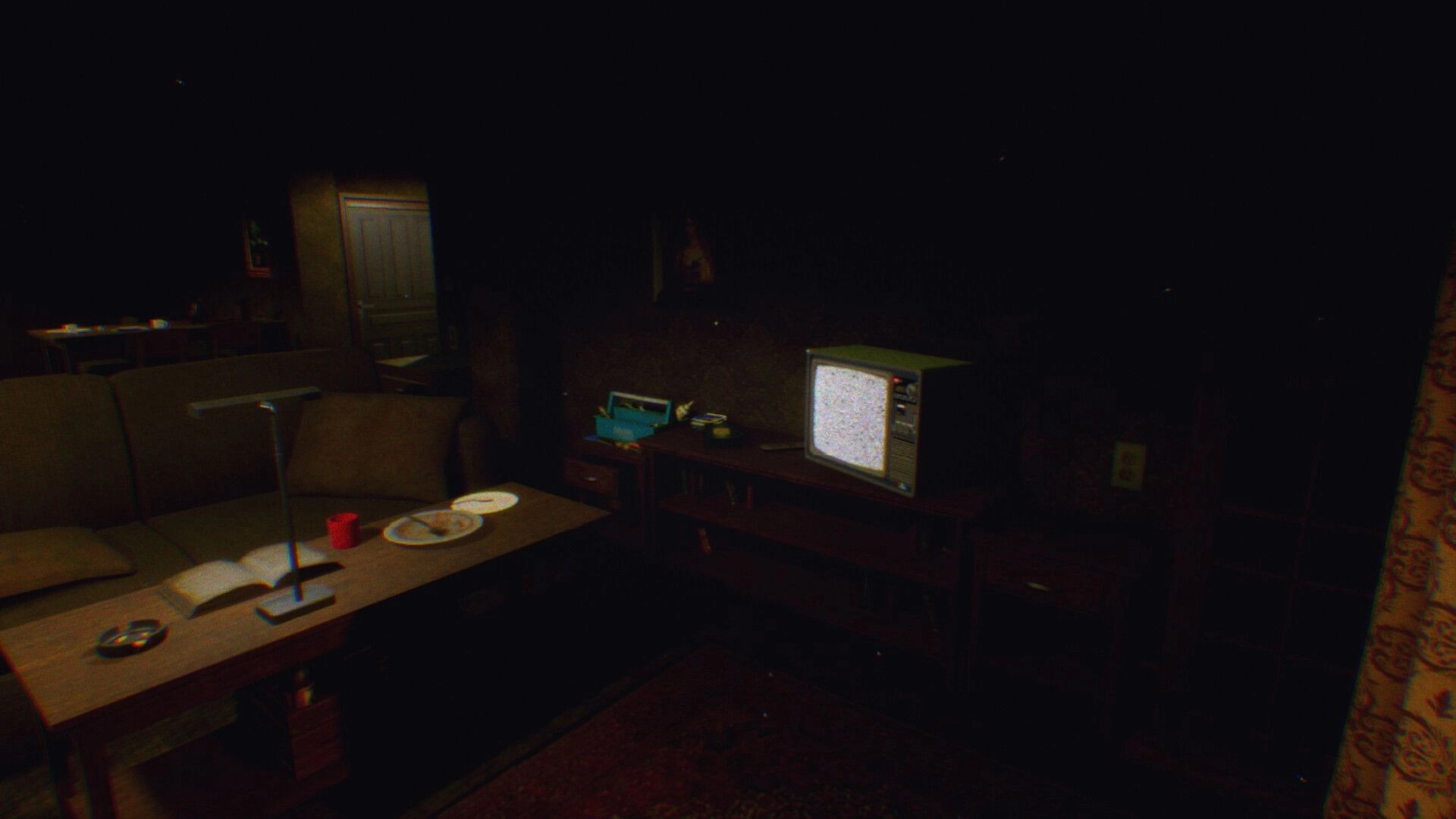 Somnus Corporation: Static-filled CRT TV in dim living room, cluttered coffee table and sofa nearby.