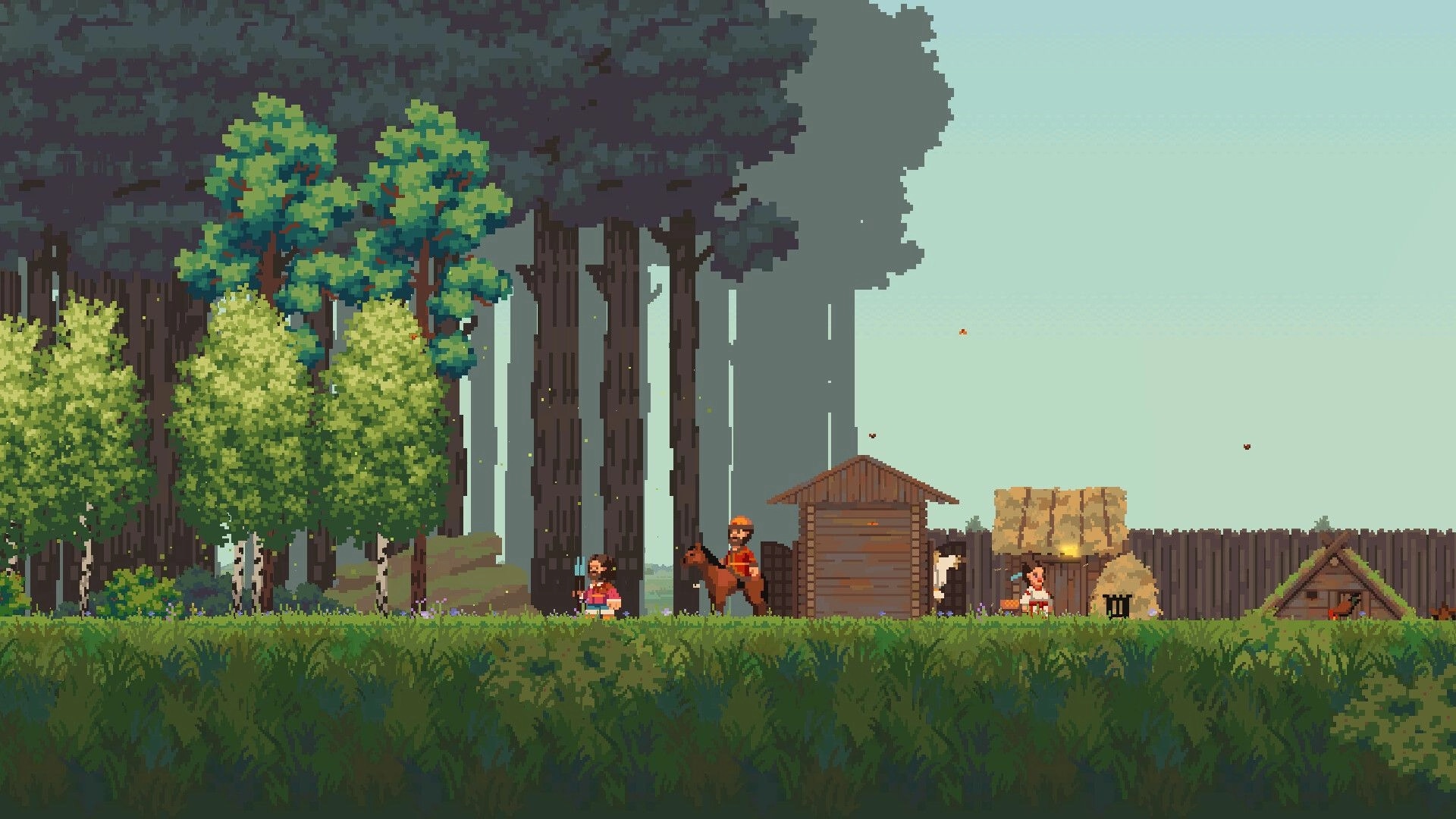 Song of Slavs: Characters gather near wooden huts and trees in a lush forest village setting.