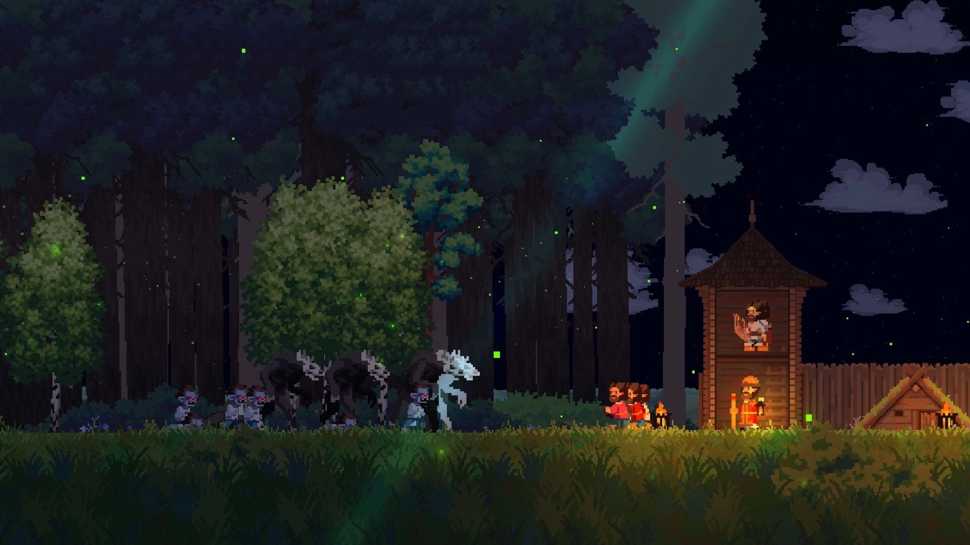 Song of Slavs: Nighttime forest scene with guards defending a watchtower against approaching enemies.