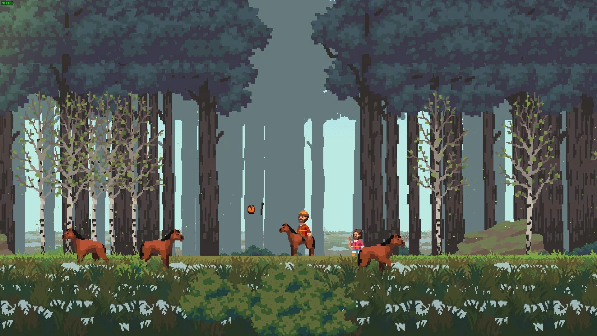 Song of Slavs: Two characters on horseback ride through a dense forest with tall, dark trees.
