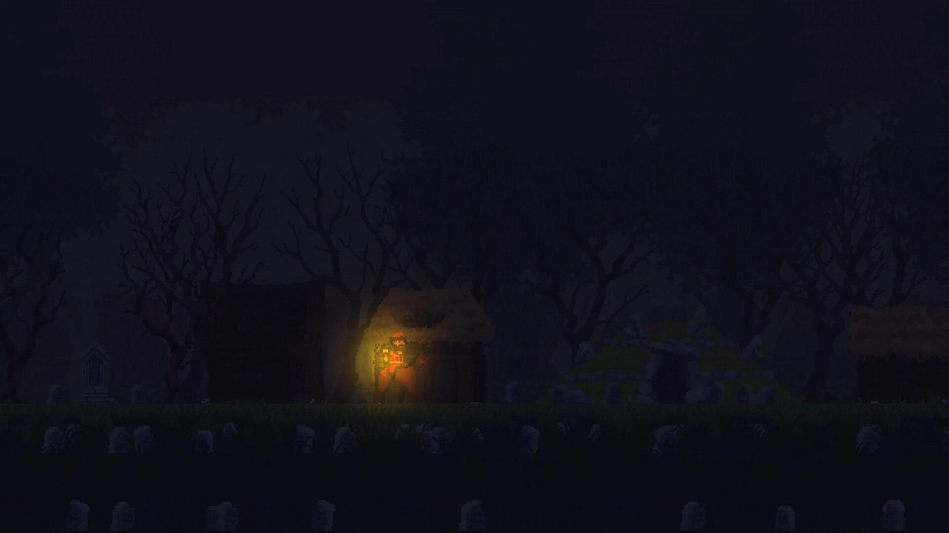 Song of Slavs: Character holding lantern by hut in dark forest setting, surrounded by trees and gravestones.