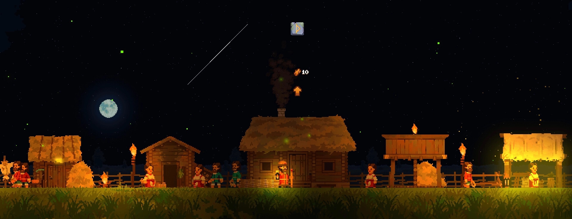 Song of Slavs: Nighttime village scene with villagers near huts and torches under a starry sky.