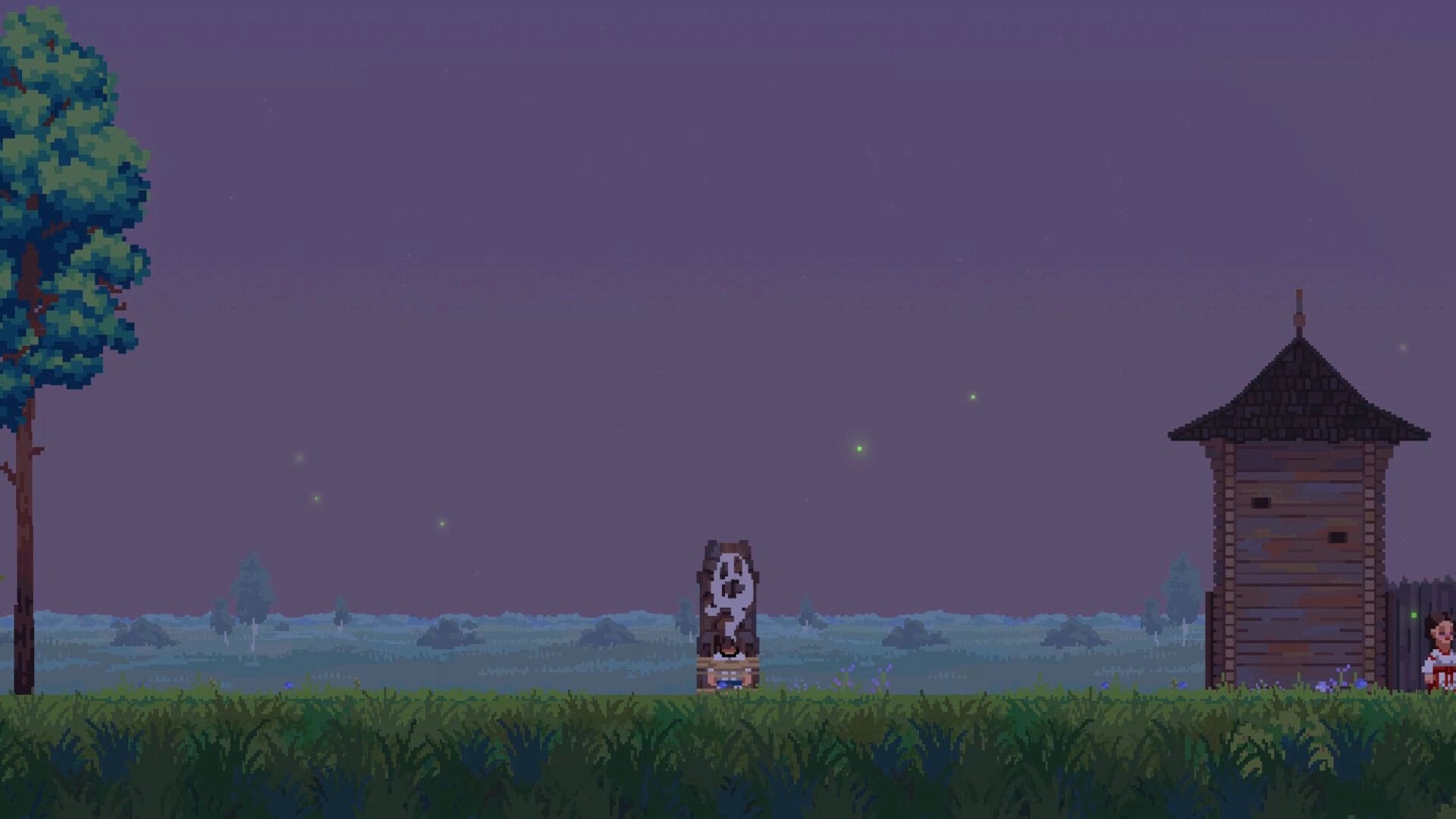 Song of Slavs: Lone character near wooden tower in grassy field under twilight sky with distant trees