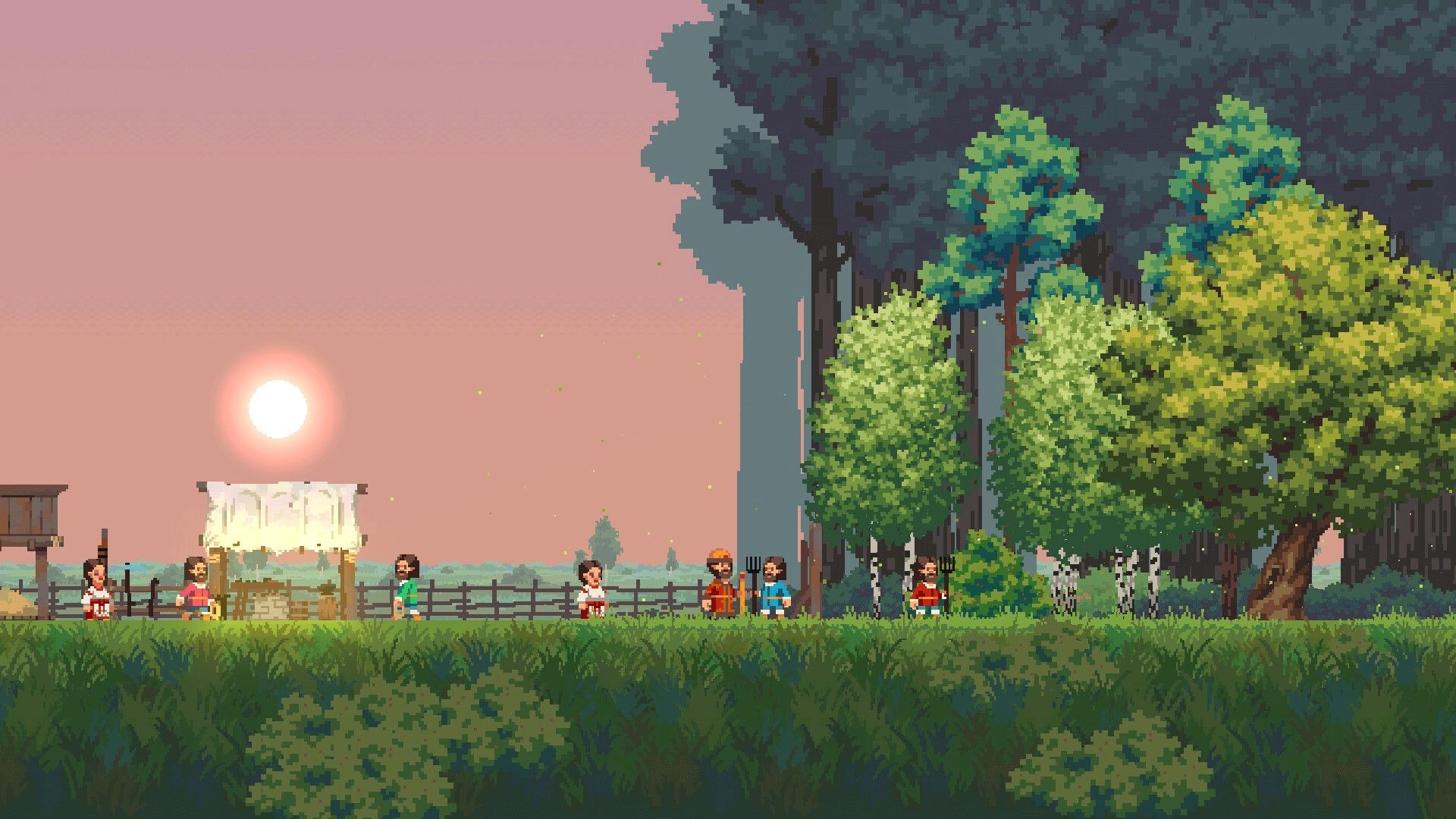 Song of Slavs: Characters gather by a tent at sunset in a lush forest clearing with tall trees nearby