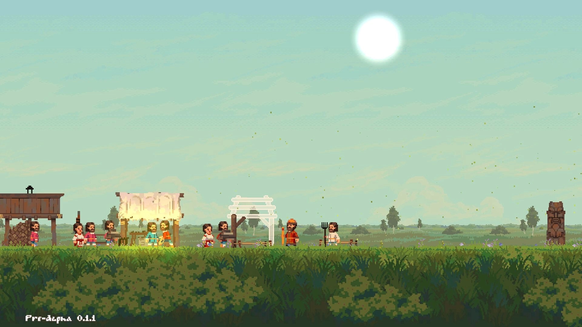 Song of Slavs: Characters gathering resources in a grassy field with tents and wooden structures.