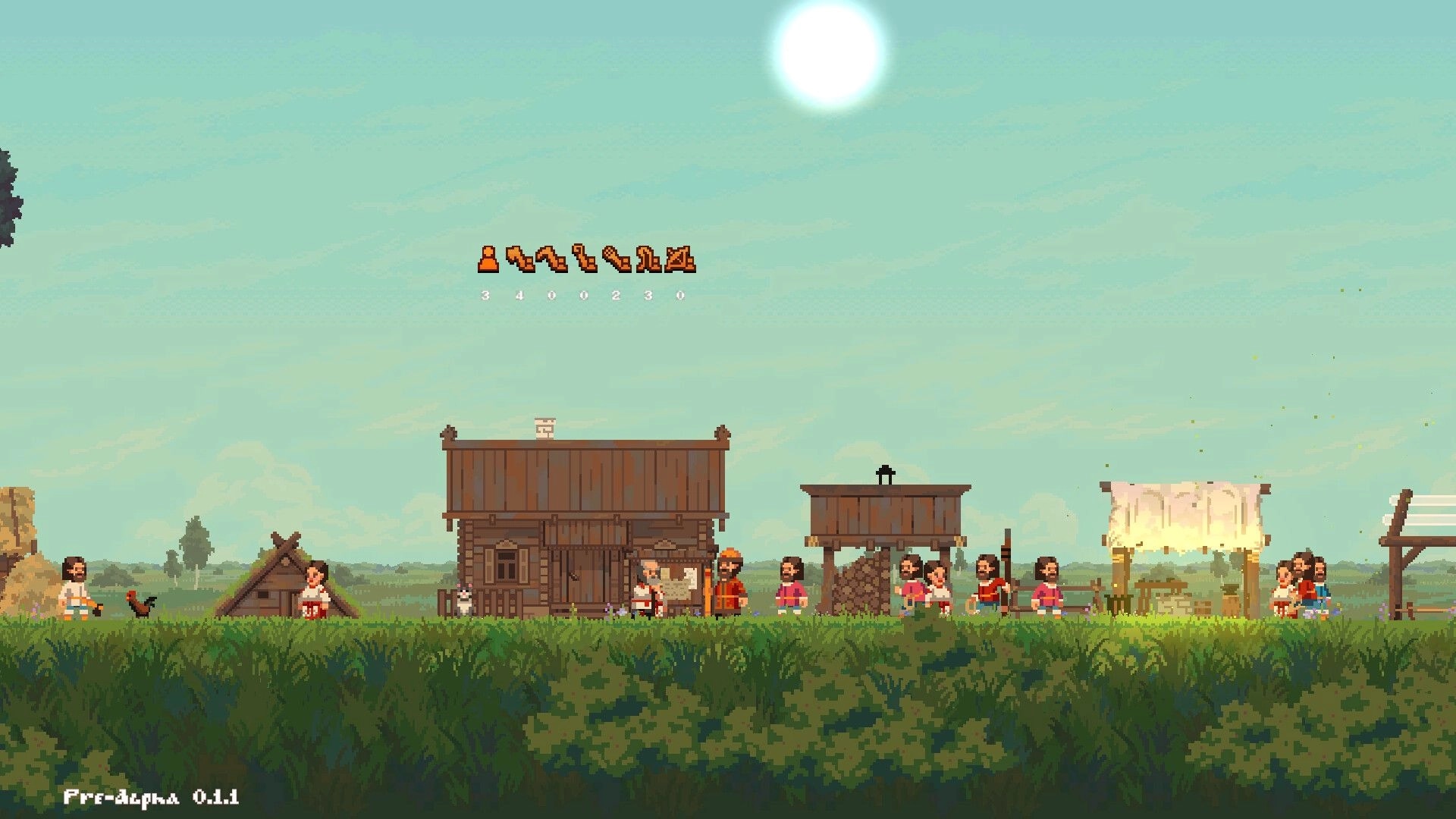 Song of Slavs: Village scene with villagers, houses, and resource icons under a bright sky setting.