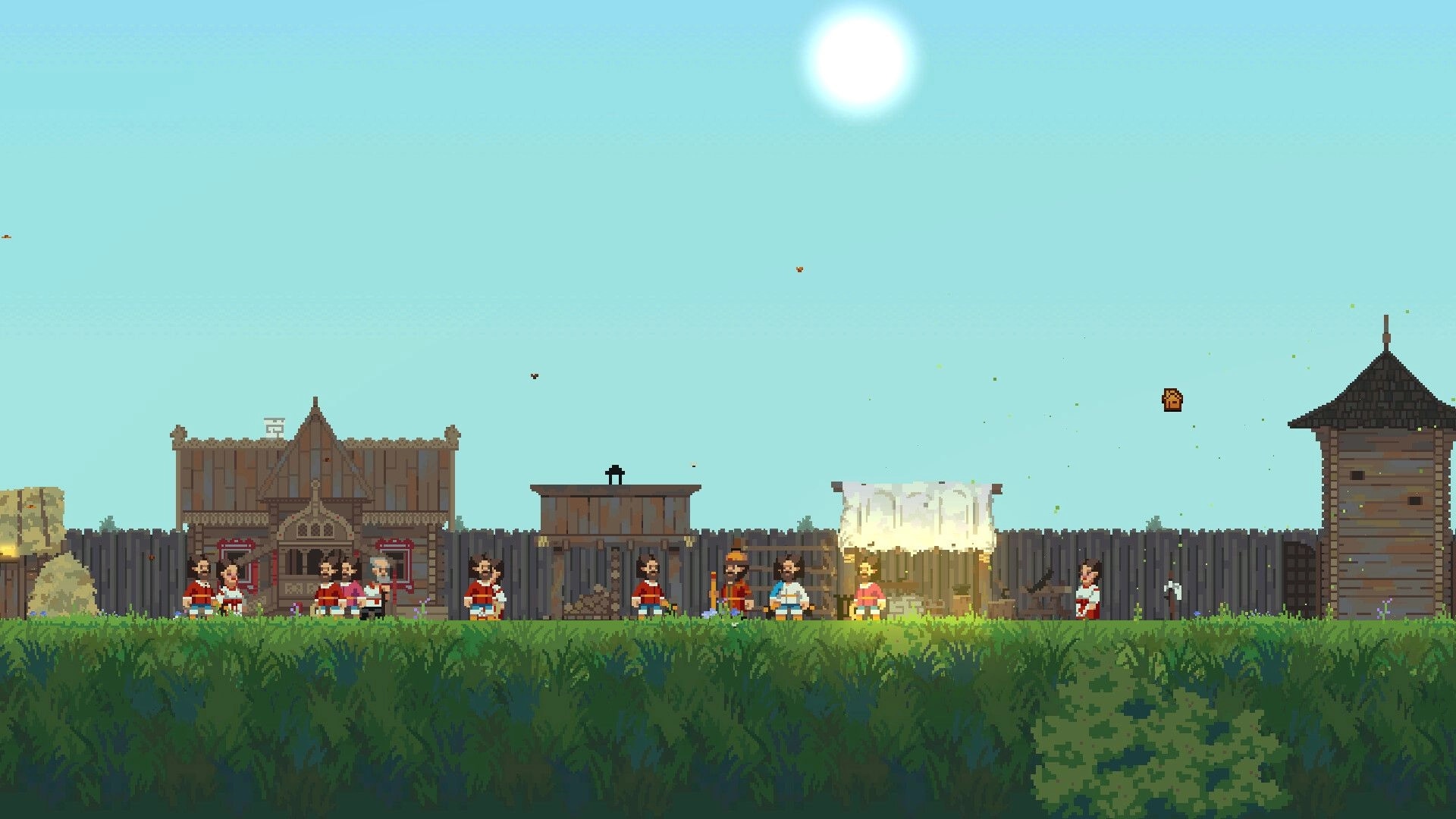 Song of Slavs: Villagers gather near a thatched house and market stand in a lush green forest setting.