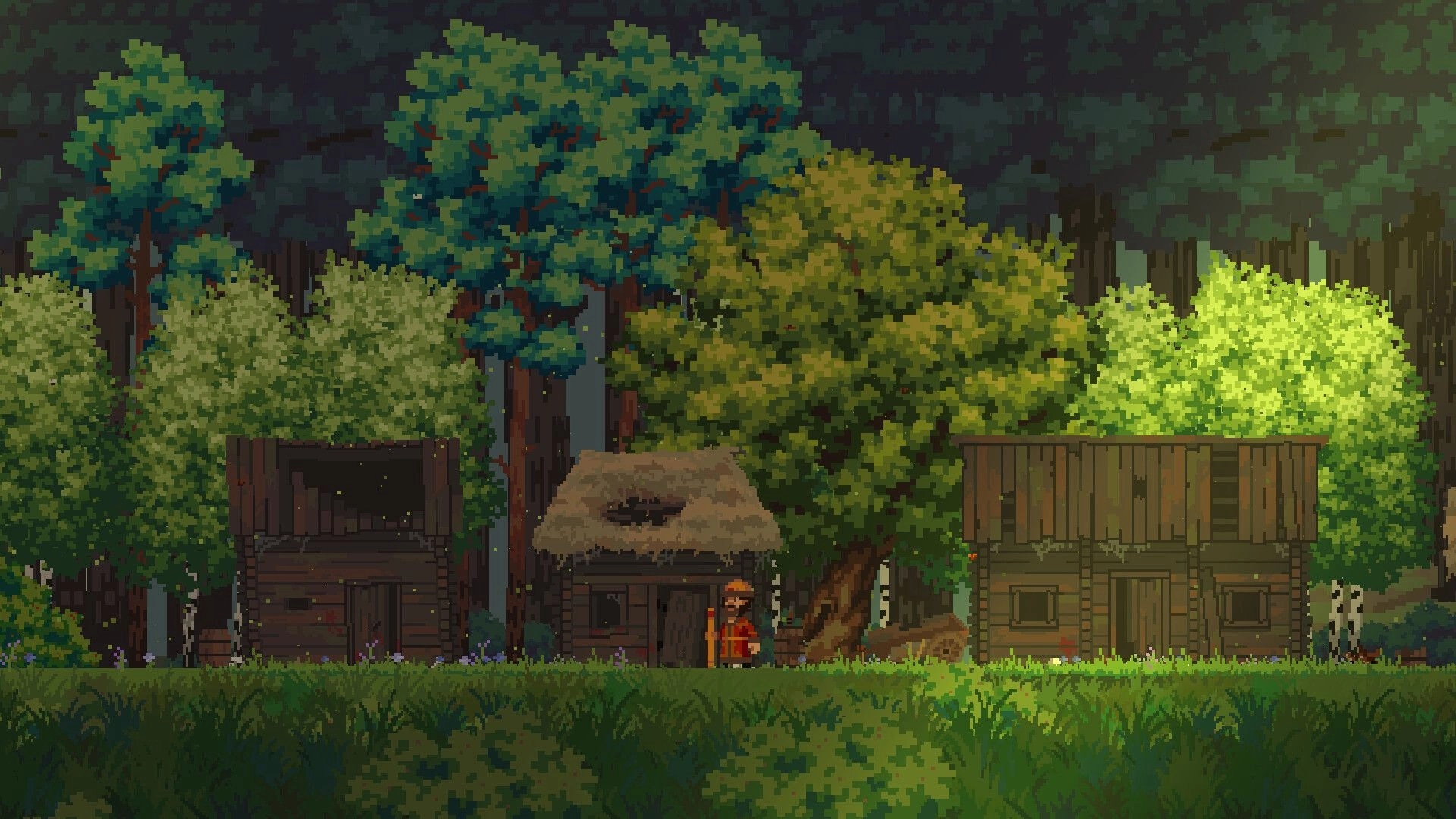 Song of Slavs: Character stands in front of wooden huts surrounded by dense forest and greenery.