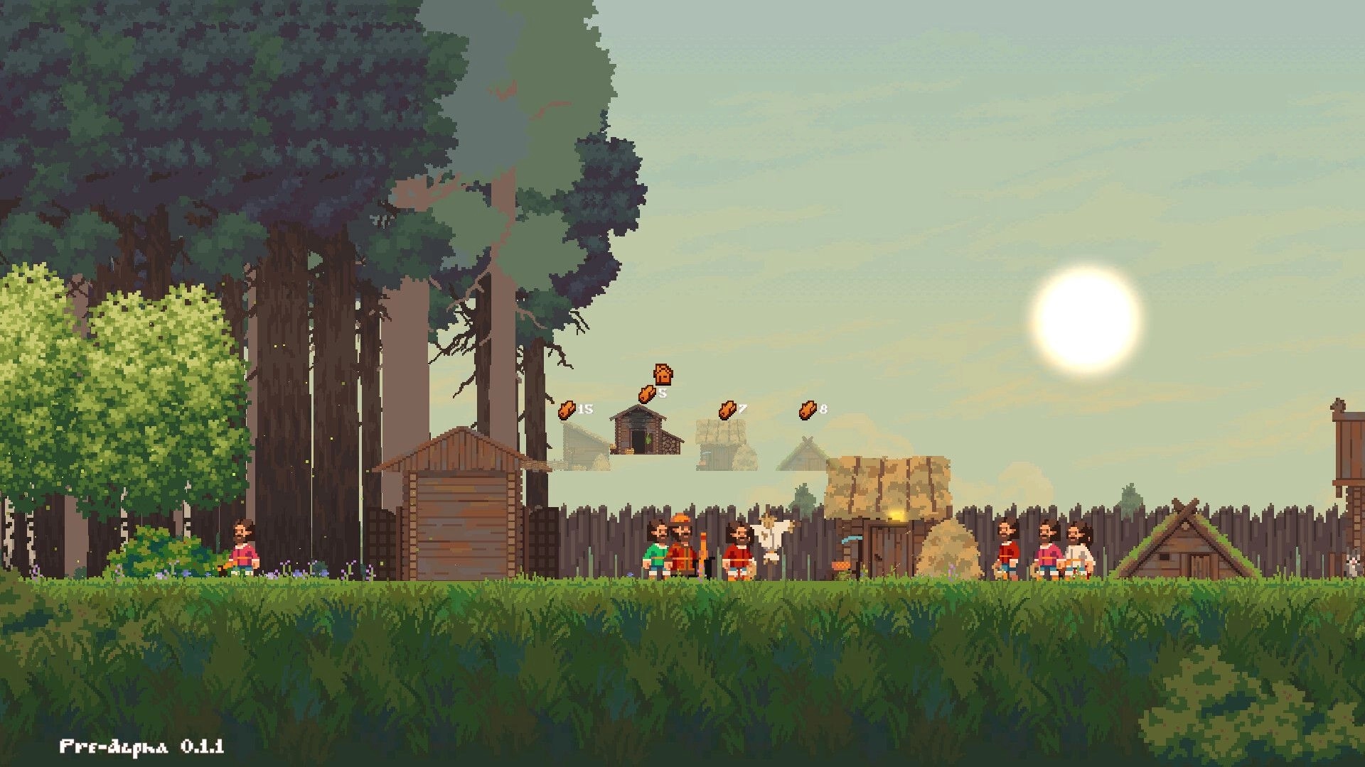 Song of Slavs: Characters gather resources in a forested settlement with huts and a bright sun overhead.