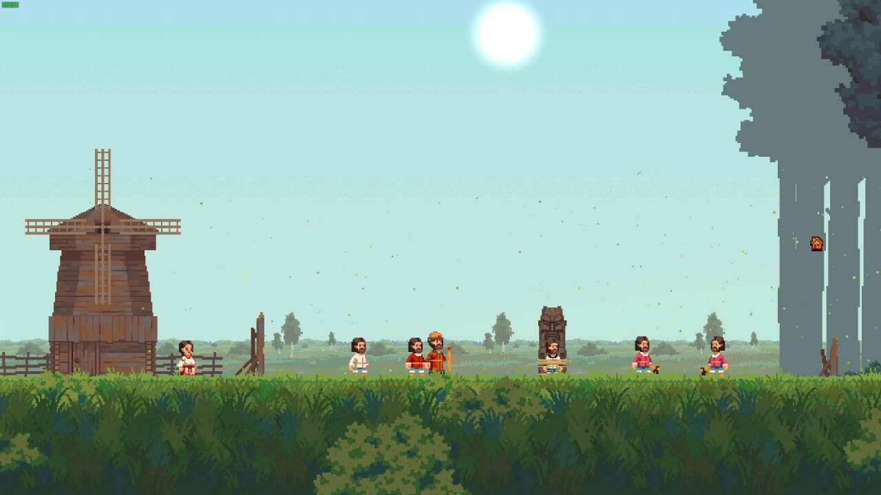 Song of Slavs: Villagers gather near a windmill and totem in a lush, green countryside setting.