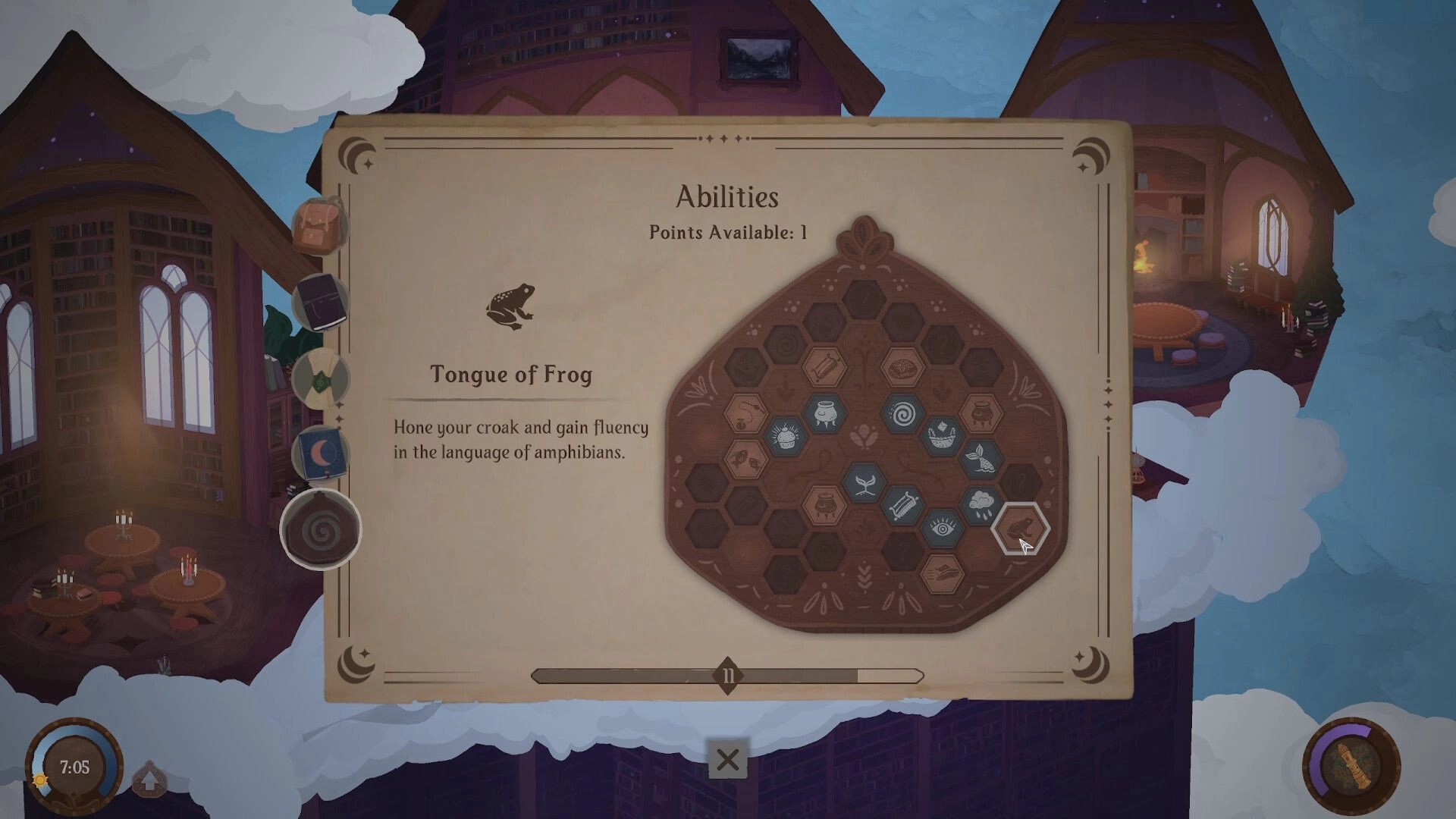 Songs of Glimmerwick: Abilities skill tree open on Tongue of Frog perk inside a cozy library tower.