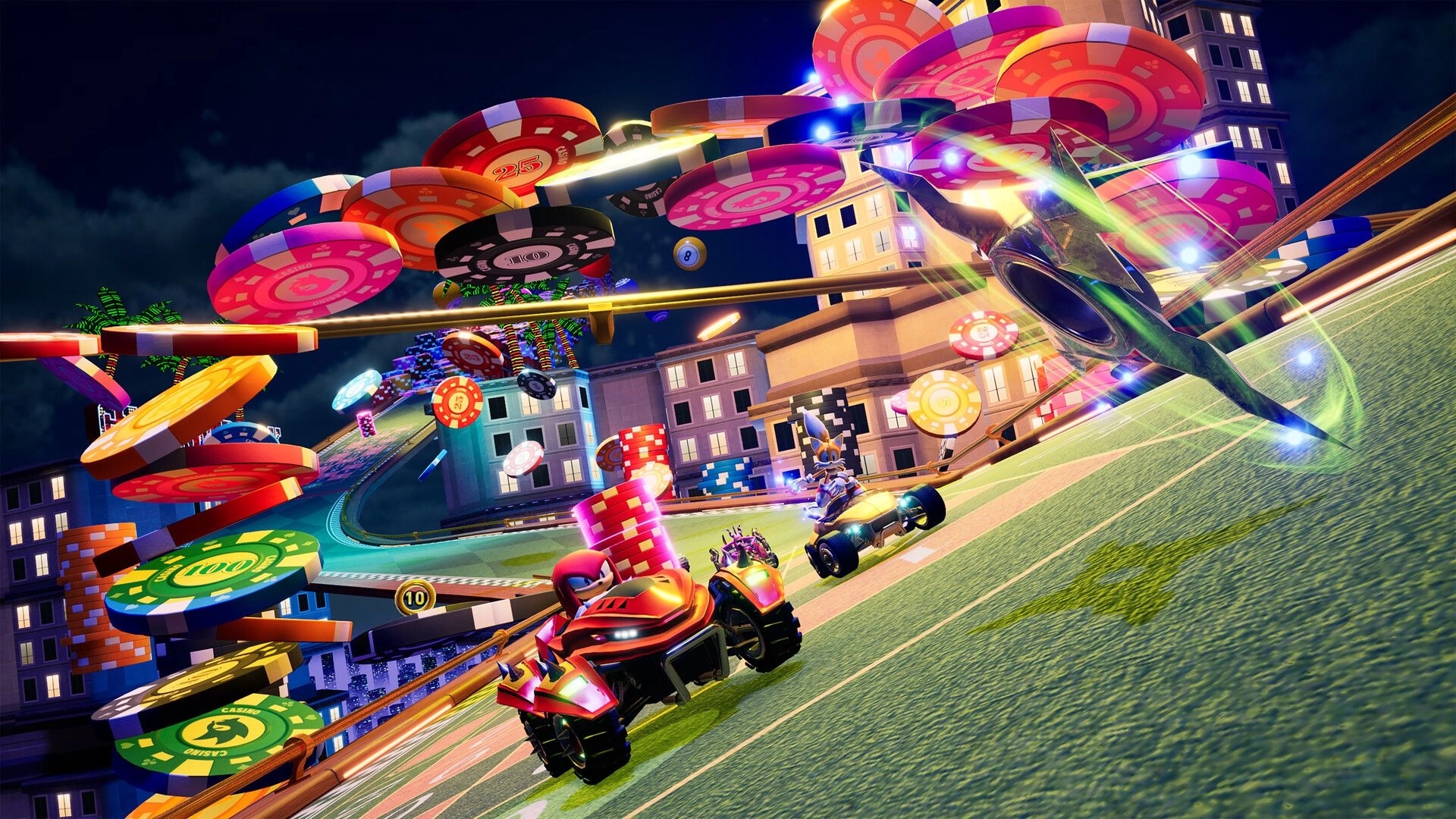 Sonic Racing: High-speed kart race on vibrant casino-themed track with giant poker chips overhead