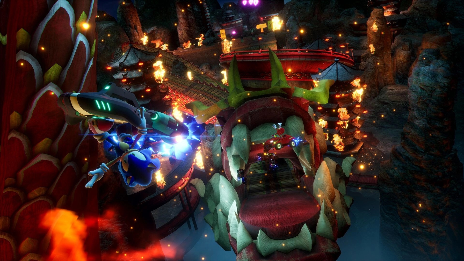 Sonic Racing: Sonic speeds through fiery dragon temple in a hovercraft, evading obstacles and rivals.