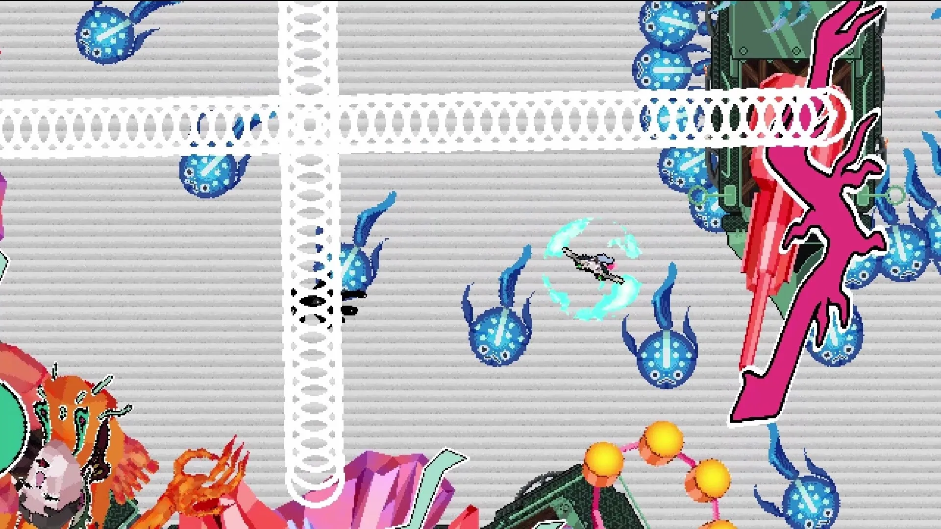 SONOKUNI: Player battles blue spirit-like creatures in a futuristic, grid-patterned environment