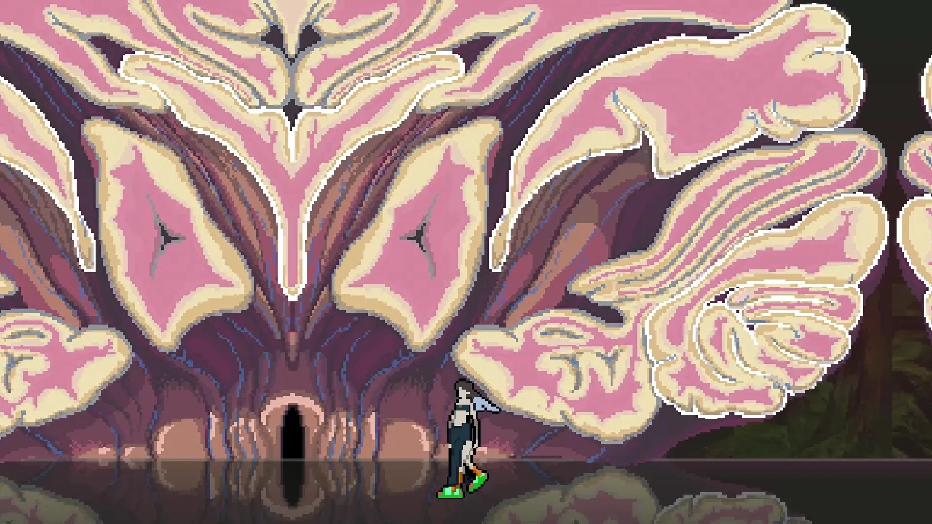 SONOKUNI: Character stands before massive, ornate pink and beige organic structure in mysterious setting.