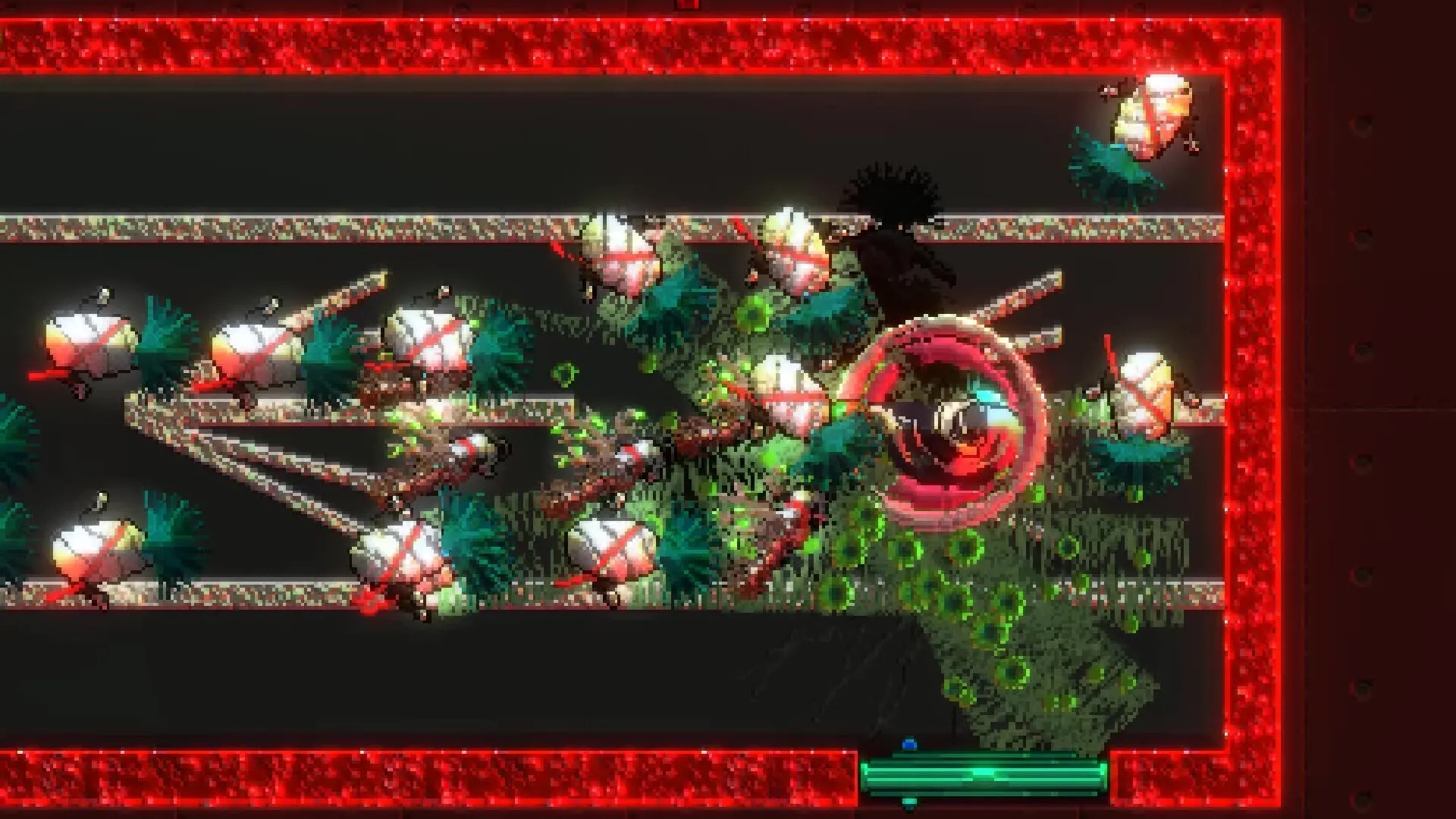 SONOKUNI: Player battles robotic enemies in a neon-lit, biopunk corridor with vibrant green foliage.