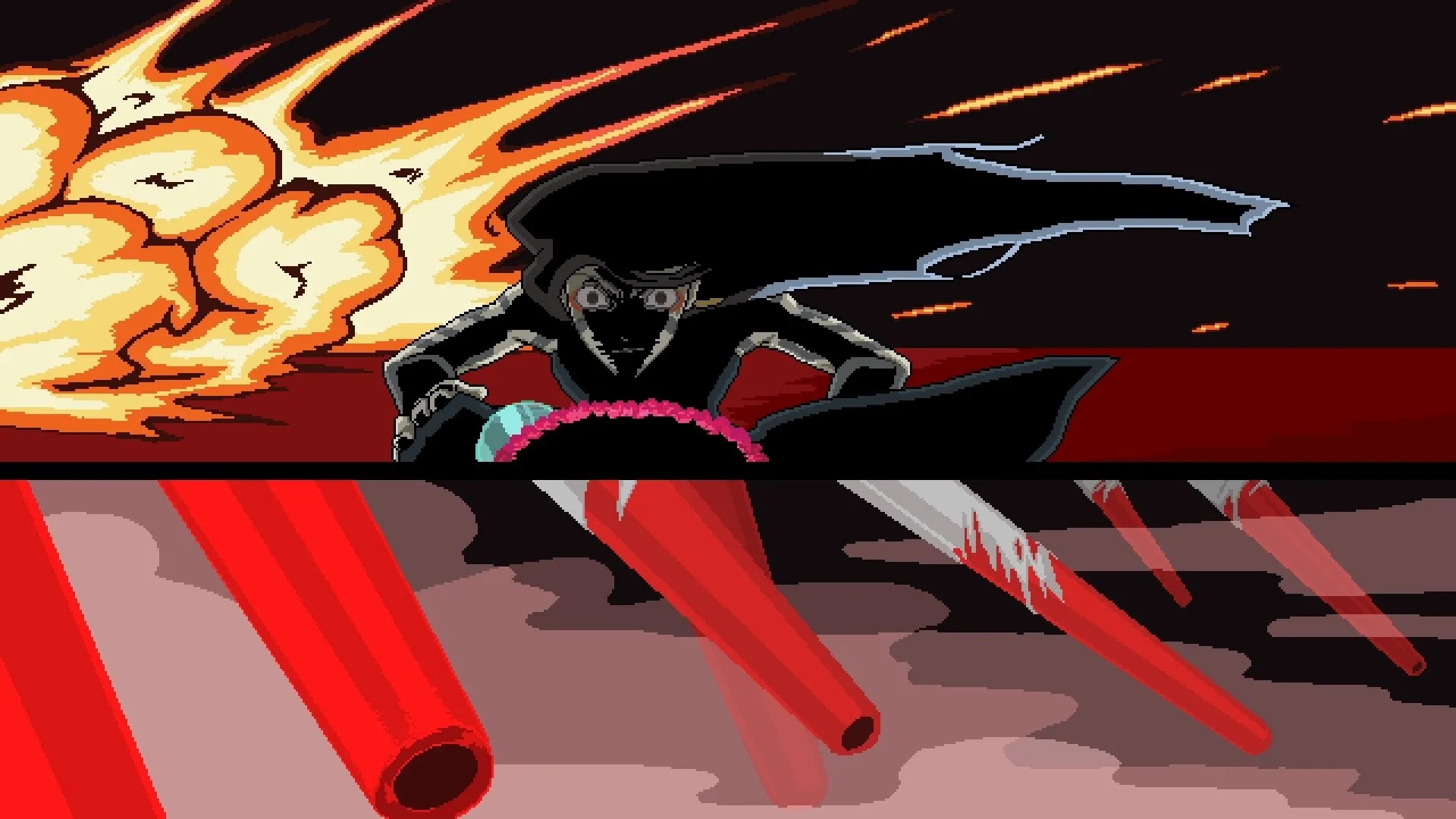 SONOKUNI: Intense combat with dark figure dodging explosions and red spikes in dynamic action sequence.