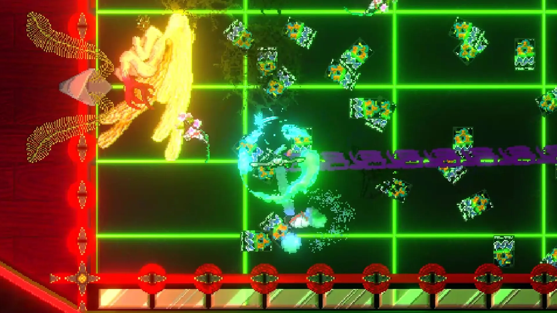 SONOKUNI: Intense combat with glowing aura attacks on a neon grid, surrounded by floating cards