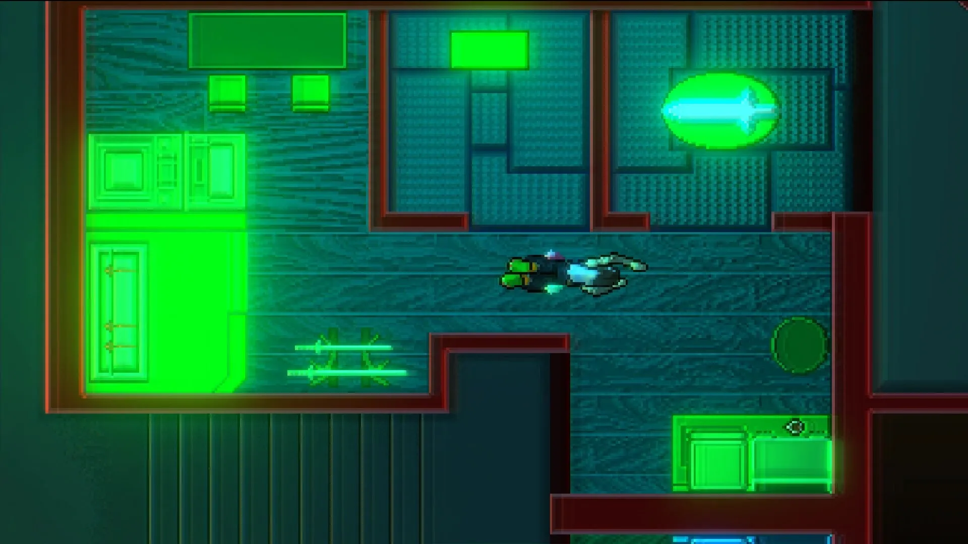 SONOKUNI: Character navigating a neon-lit maze with glowing green elements and futuristic decor