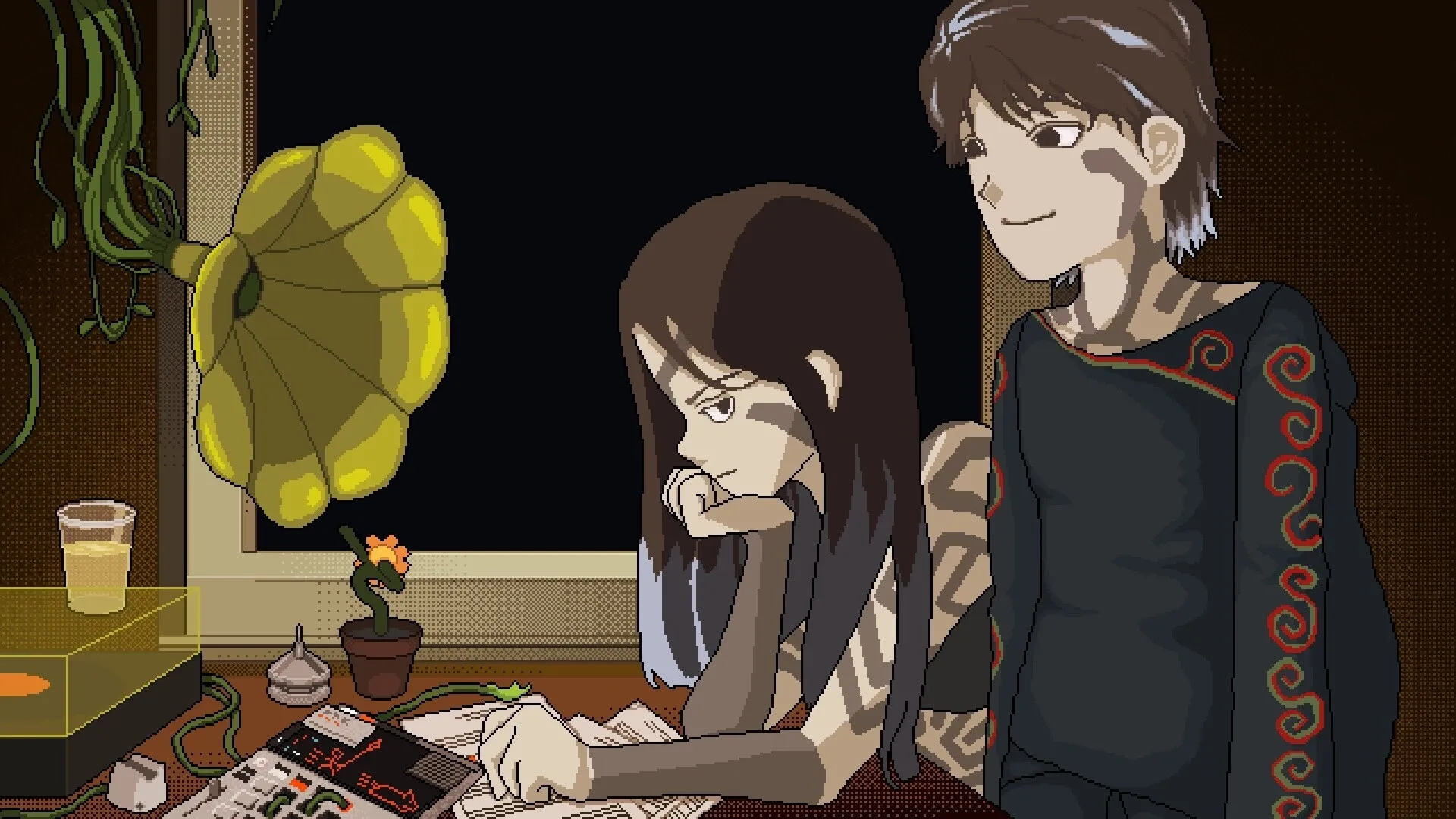 SONOKUNI: Two characters at a desk with a vintage gramophone and various objects in a dimly lit room.