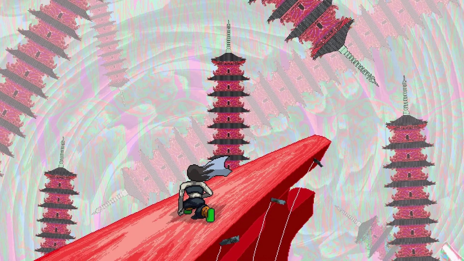 SONOKUNI: Character running on a red bridge towards floating pagodas in a surreal, vibrant sky environment.