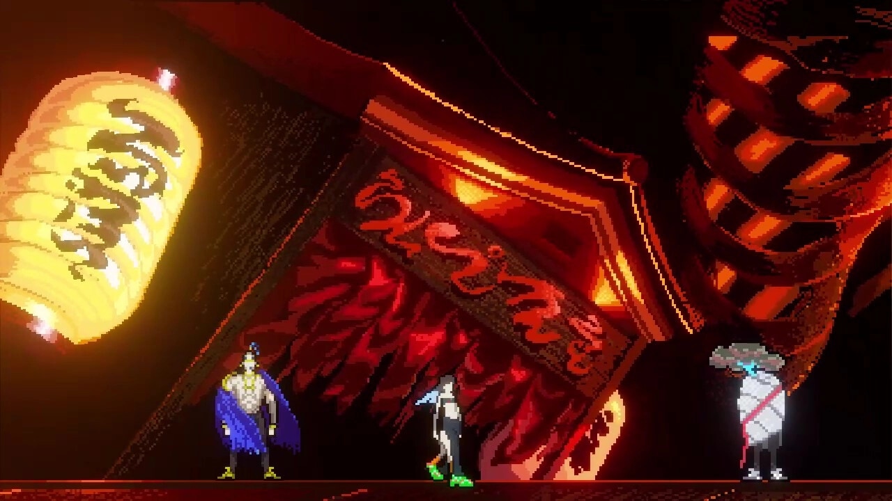 SONOKUNI: Three characters stand in front of a giant, glowing lantern in a vibrant, biopunk setting.