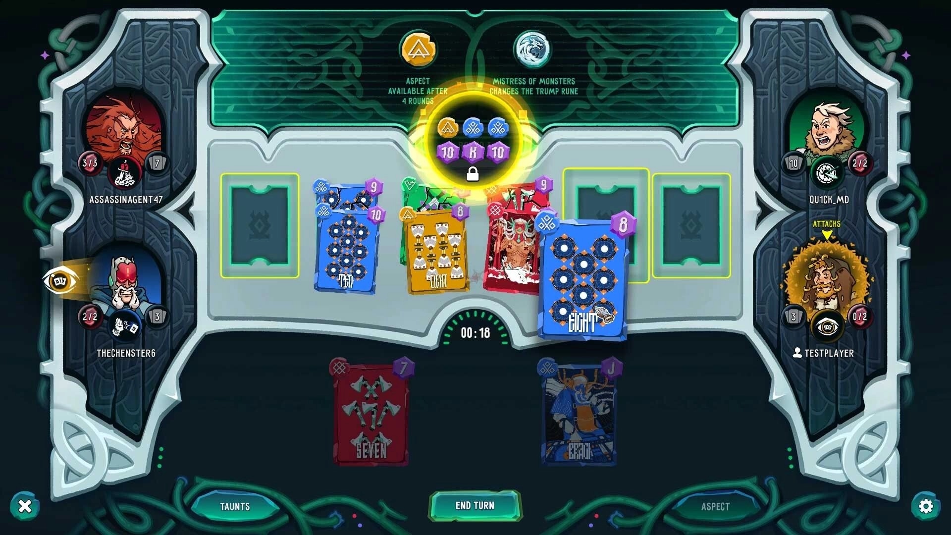 Sons of Odin |: Tactical card battle interface with player stats, timer, and various cards displayed