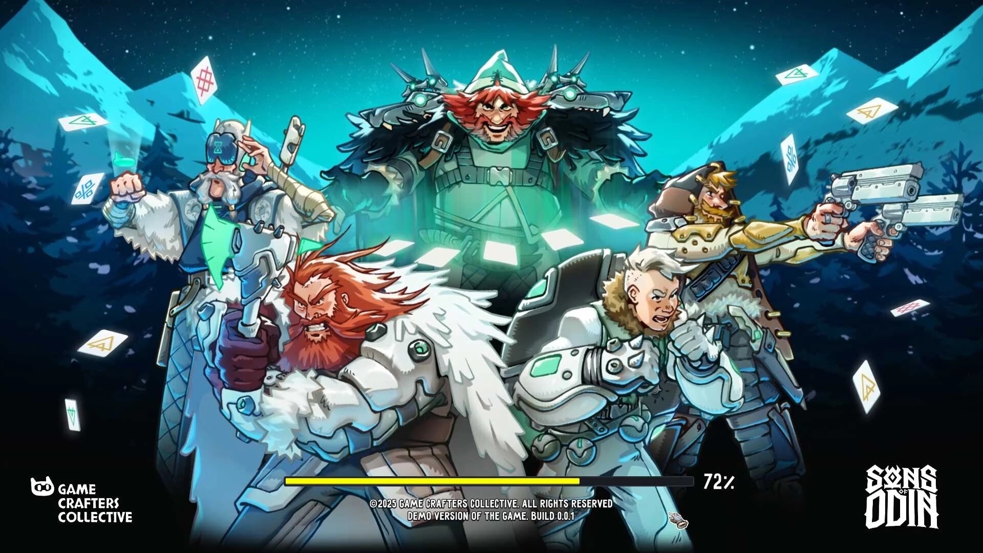 Sons of Odin |: Five heroes with unique armor and weapons pose in a snowy mountain setting at night.