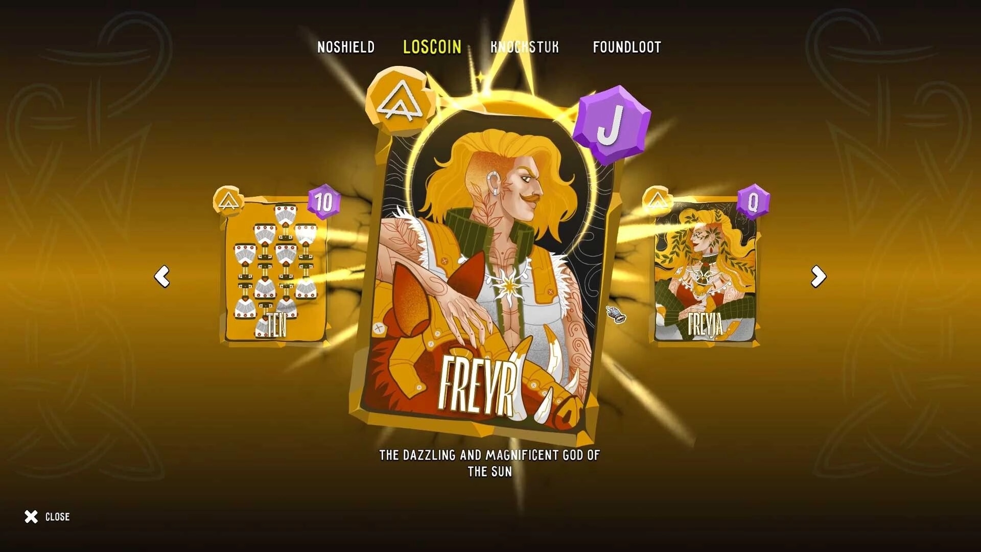 Sons of Odin |: Freyr card with stats and abilities displayed in vibrant gold-themed selection screen