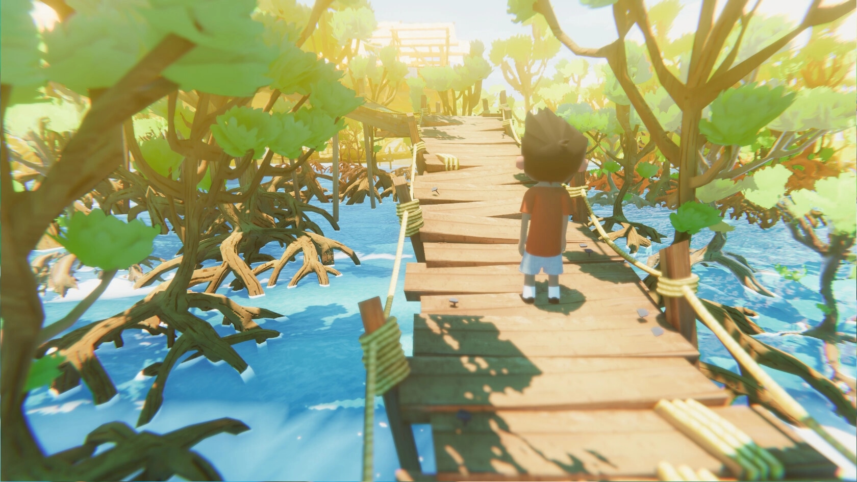 SOPA: Miho walks on a wooden bridge through a lush mangrove forest under a bright, sunny sky.