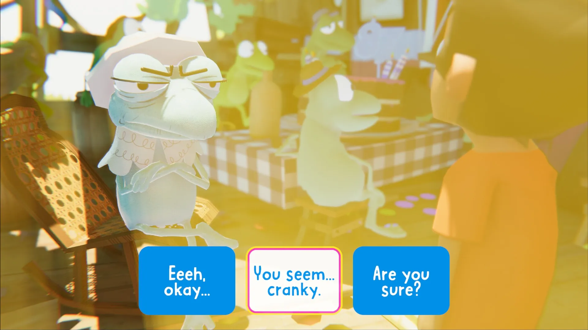 SOPA: Miho converses with a grumpy frog character in a lively room, dialogue options visible.