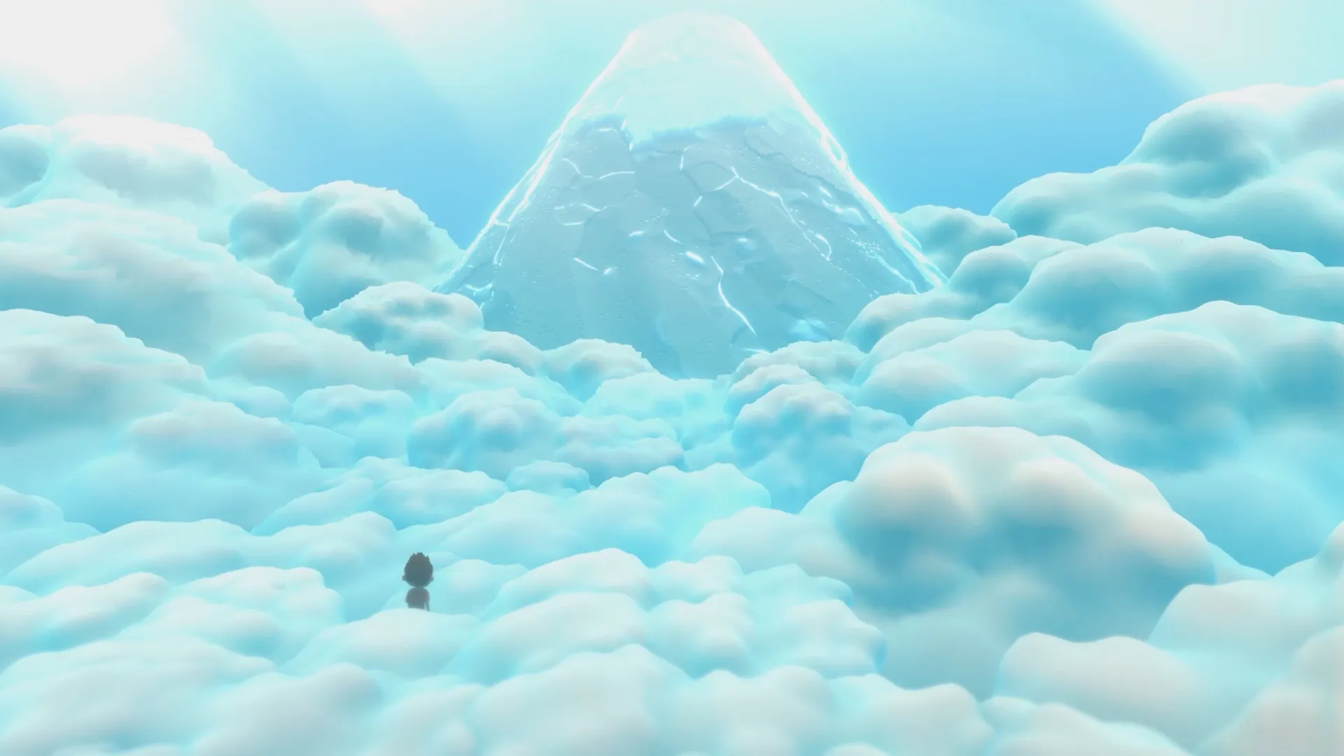 SOPA: Miho walks across fluffy clouds toward a majestic icy mountain under a bright blue sky.