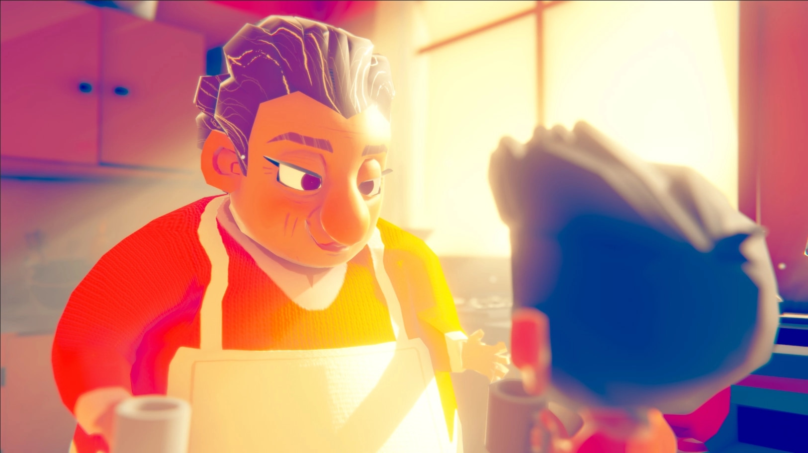 SOPA: Miho and grandma share a warm moment in a cozy kitchen bathed in soft, golden light.