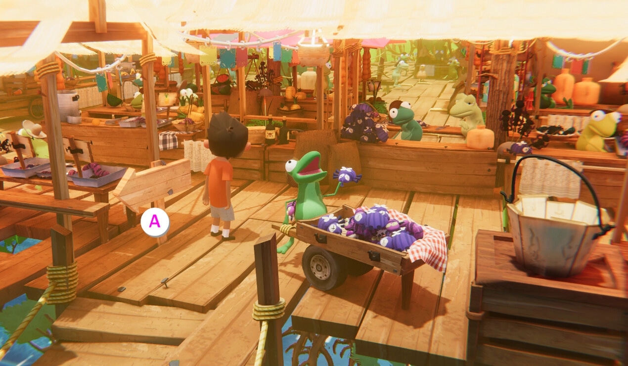 SOPA: Miho explores a vibrant market with a friendly frog, surrounded by stalls and colorful goods.