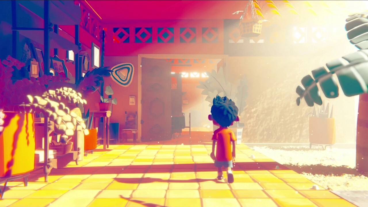 SOPA: Miho explores a sunlit pantry filled with plants and vibrant colors, heading towards an open door.