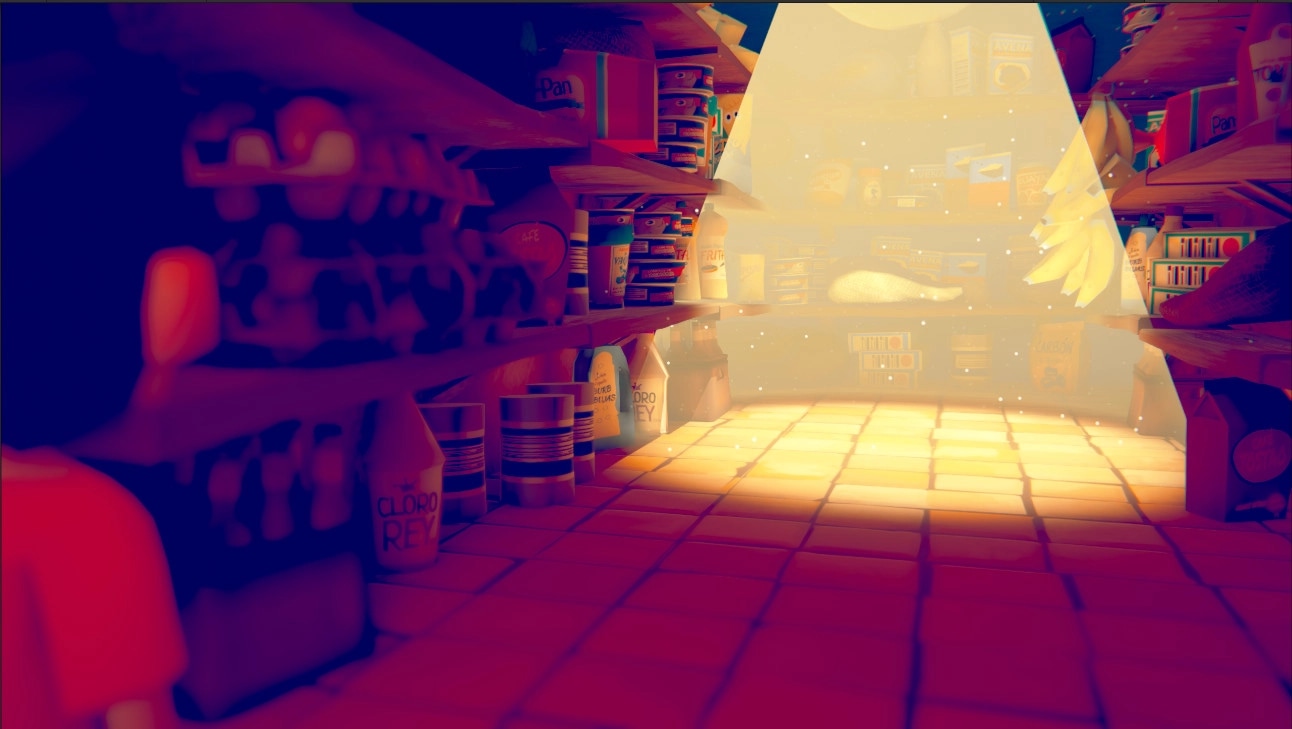 SOPA: Miho stands in a dimly lit pantry filled with shelves of food, a glowing portal ahead.