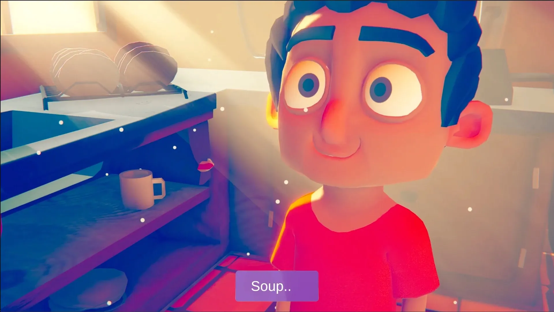 SOPA: Miho stands in a sunlit pantry, smiling near shelves with a mug, with text "Soup.." visible.