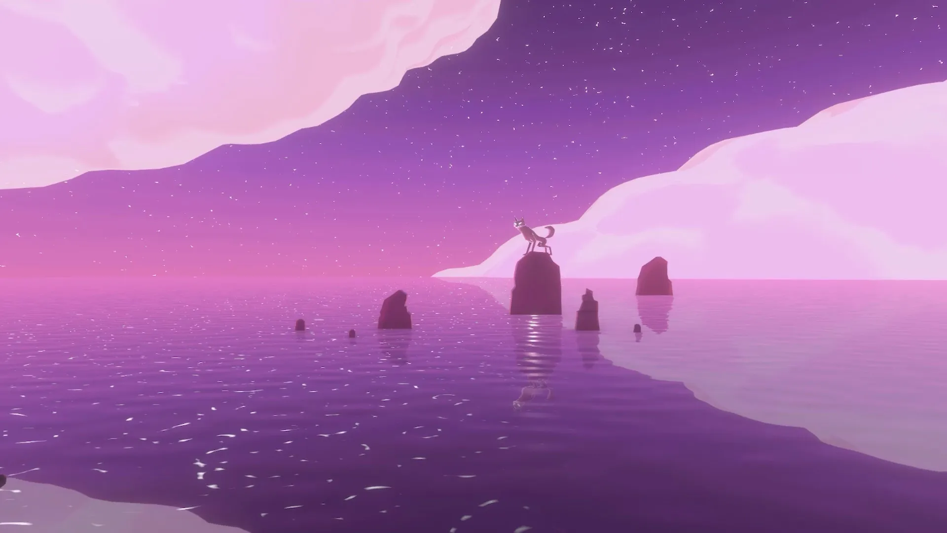 SOPA: A fox stands on a rock in a serene, starry pink ocean landscape with distant mountains.
