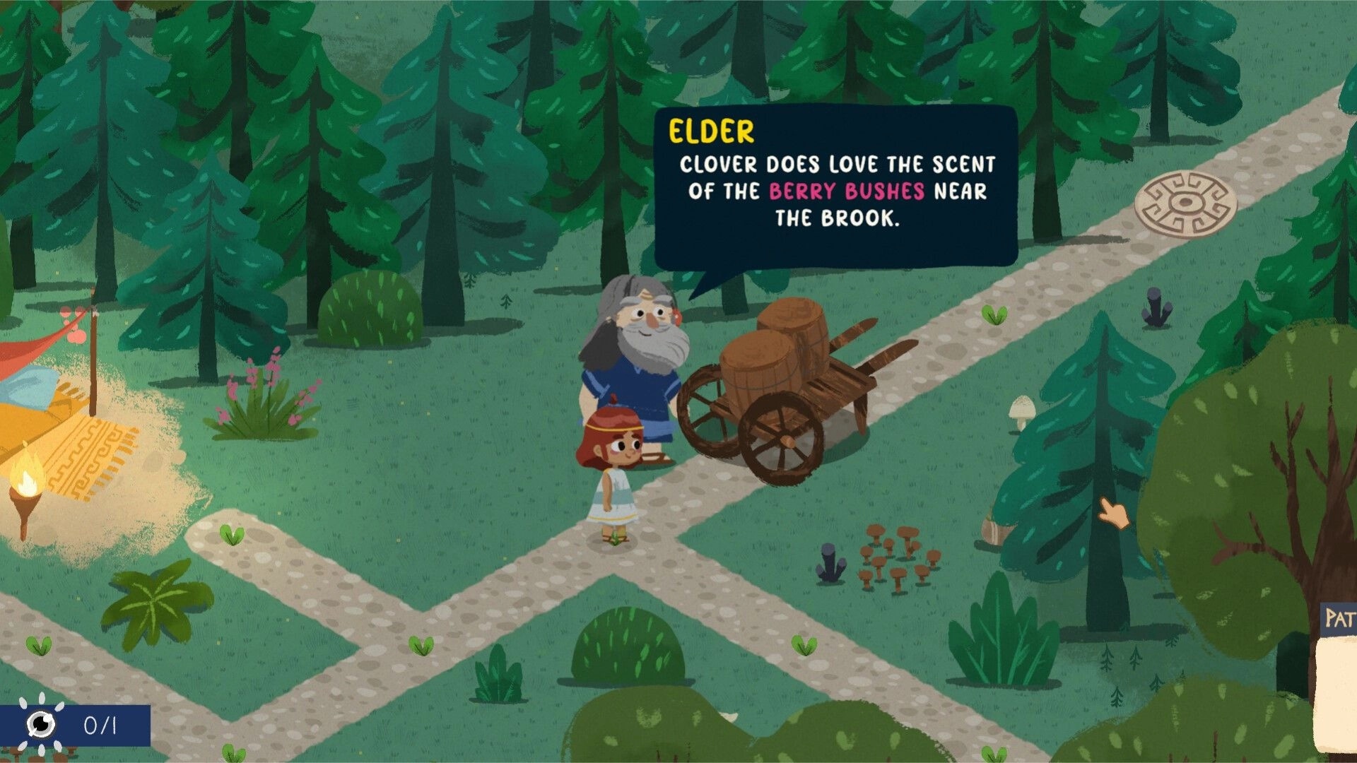 Sophia's Path: Sophia talks to the Elder by a cart, dialogue bubble over forest paths and tents.