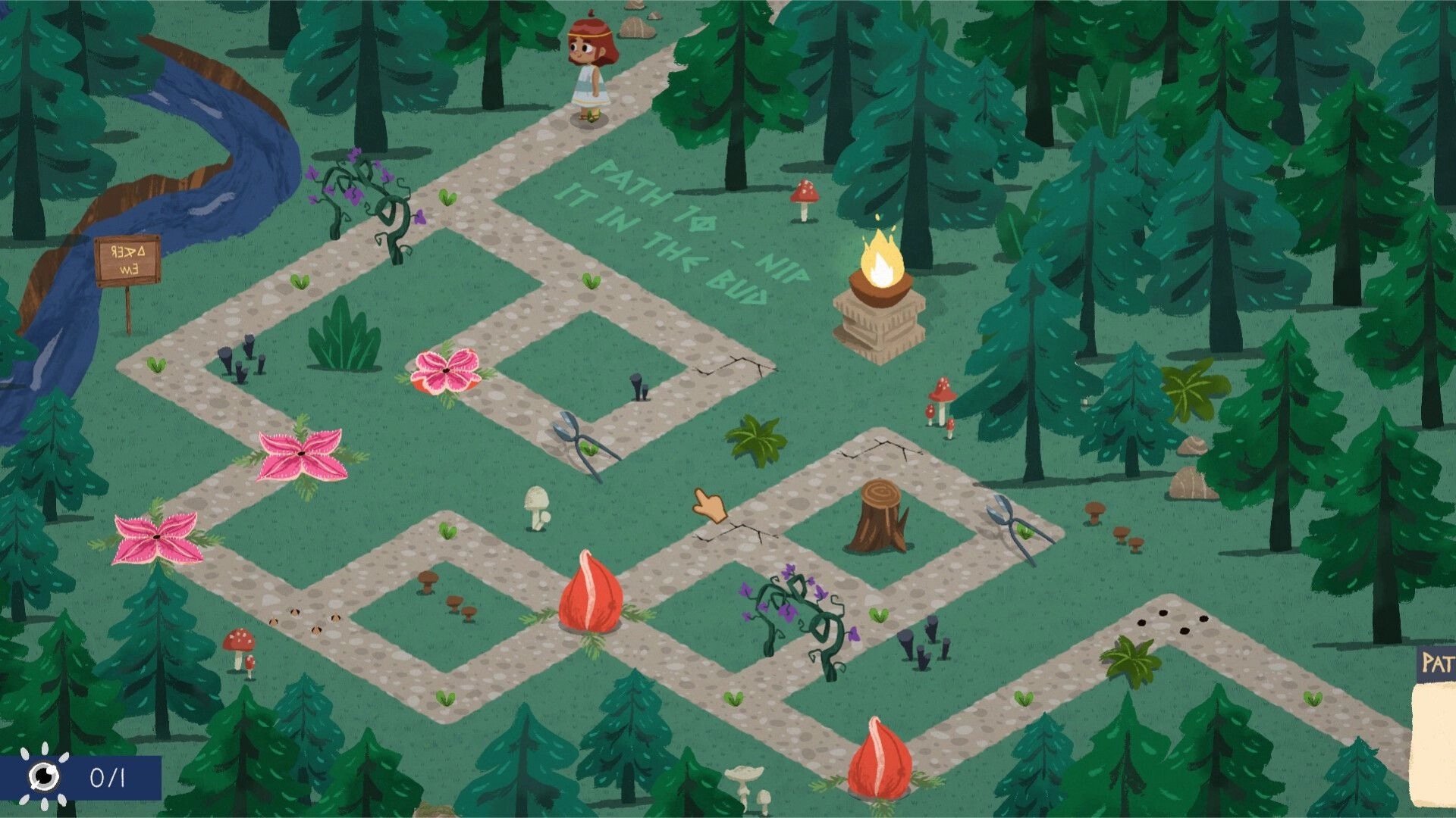 Sophia's Path: Sophia on branching stone paths with a cursor, in a dense pine forest maze.