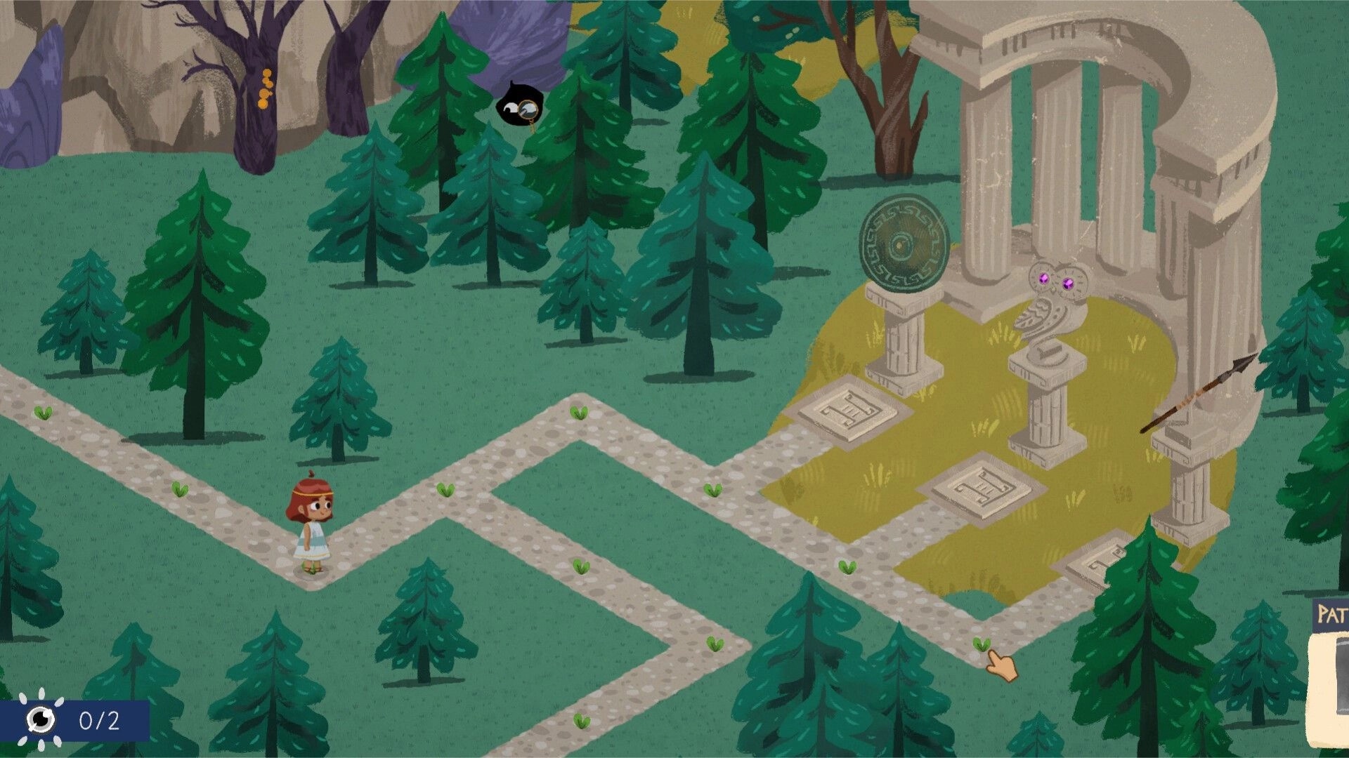 Sophia's Path: Sophia stands on winding stone paths near a shrine in a pine forest clearing.