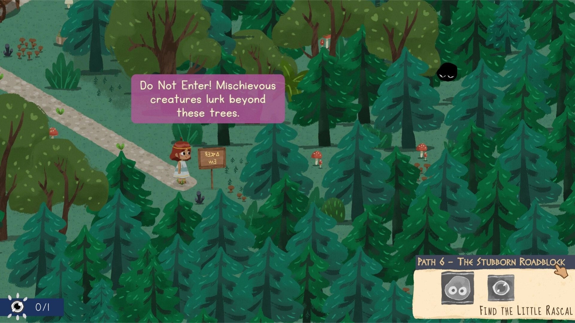 Sophia's Path: Sophia reads a warning sign on a forest path with quest panel and icons below.