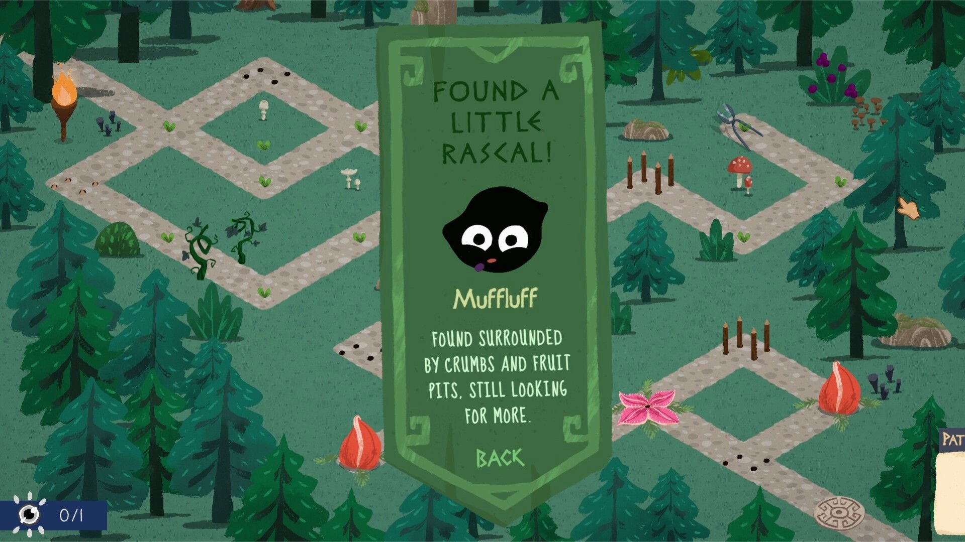 Sophia's Path: Creature discovery popup for Muffluff over a forest path puzzle map with trails.