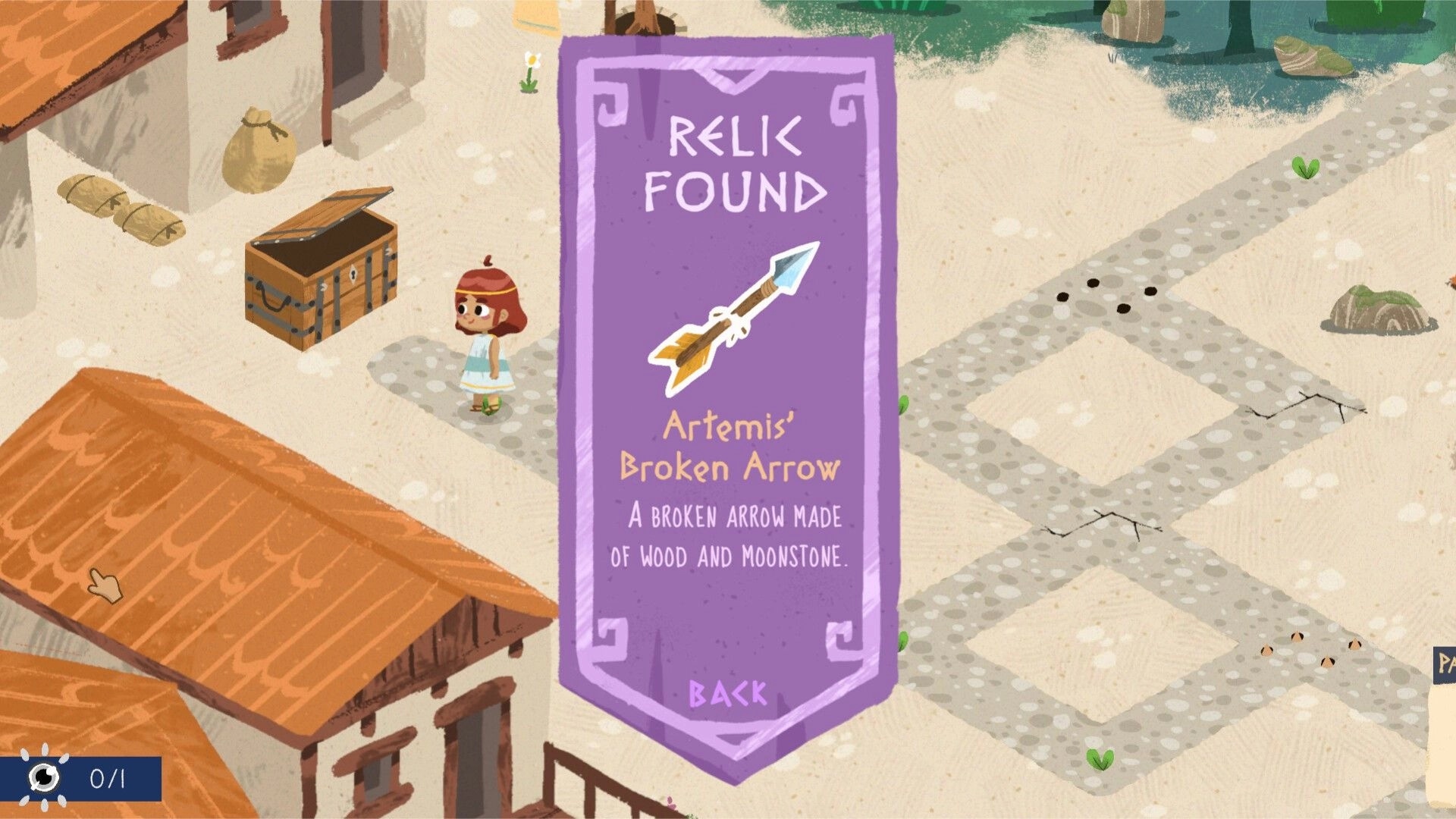 Sophia's Path: Relic Found popup for Artemis' Broken Arrow beside Sophia in sunny village square.